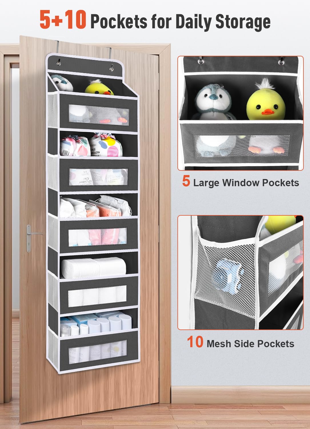 Over The Door Organizer Storage - 5-Shelf Hanging Door Organizer with 10 Large Pockets, Holds 48 lbs, Anti-Tilt Design for Bedroom, Bathroom & Pantry (Dark Gray, 2-Pack) - Perfect for Organizing Shoes, Toys, Towels & Cleaning Supplies