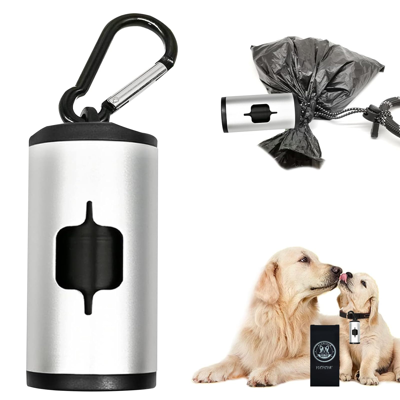 Durable Aluminum Dog Poop Bag Holder with Carabiner Clip - Metal Pet Waste Dispenser with Hook & Loop Fastener, Elastic Cord for Used Bags (Silver, Includes 15 Bags) - Perfect for Walking, Hiking, and Outdoor Pet Cleanup