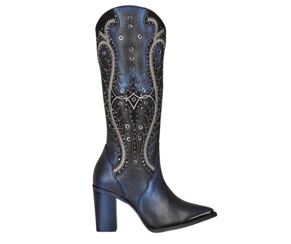 Women's Cuadra CU727 LD Black Overlay Embroidered Studded Pointed Toe Boots - Perfect for Night Out, Party & Western Fashion