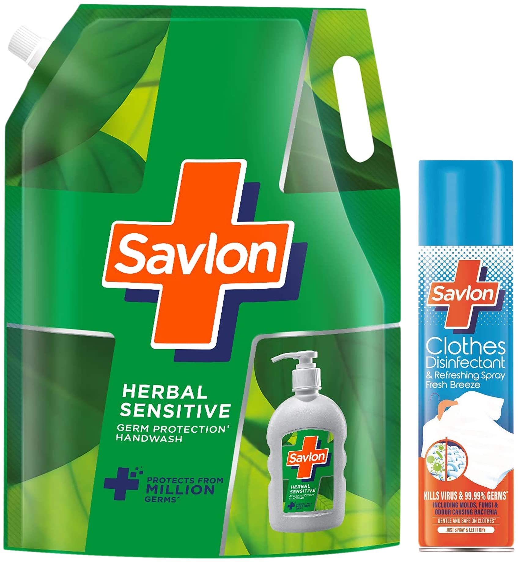 Savlon Herbal Sensitive pH Balanced Liquid Handwash Refill Pouch 1500ml + Clothes Disinfectant & Refreshing Spray 230ml - Gentle Skin Care & Fabric Freshener for Home, Travel, and Daily Hygiene