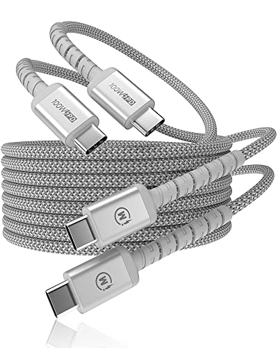 100W USB C Cable Fast Charging, 2-Pack 6.6FT Type C to Type C Cable - Compatible with MacBook Pro, iPad Pro, Samsung Galaxy, LG, Google Pixel - Durable Nylon Braided for Home, Office & Travel (Silver)