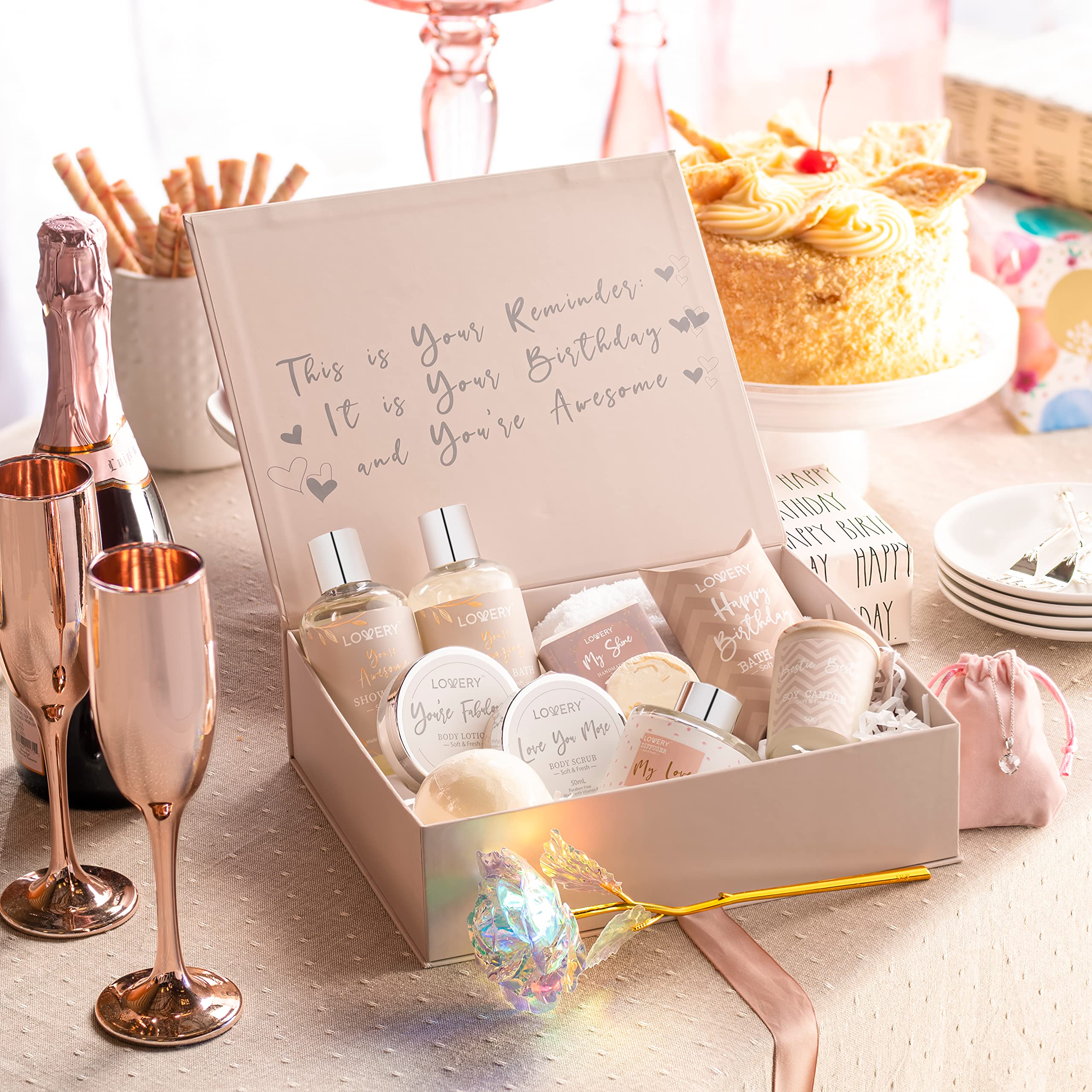 Luxury Birthday Spa Gift Box for Women - Vitamin E Bath Essentials, Aromatherapy Diffuser, Scented Candle & Sterling Silver CZ Heart Necklace - Perfect Birthday Gifts for Her, Mother's Day or Anniversary - Relaxing Self-Care & Pampering Gift Set
