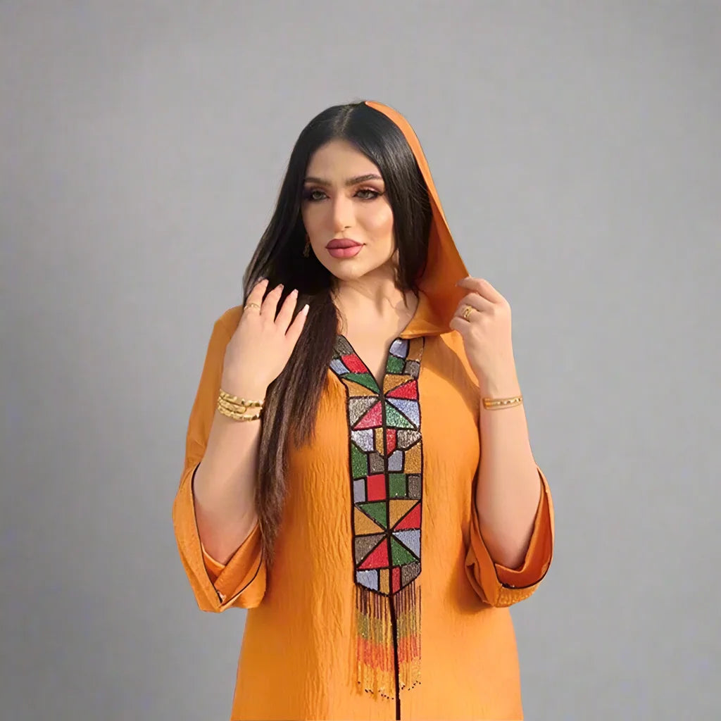 Elegant Dubai Hooded Kaftan Dress for Women - Modest Muslim Abaya Djellaba Jalabiya - Perfect for Prayer, Eid, Wedding & Special Occasions
