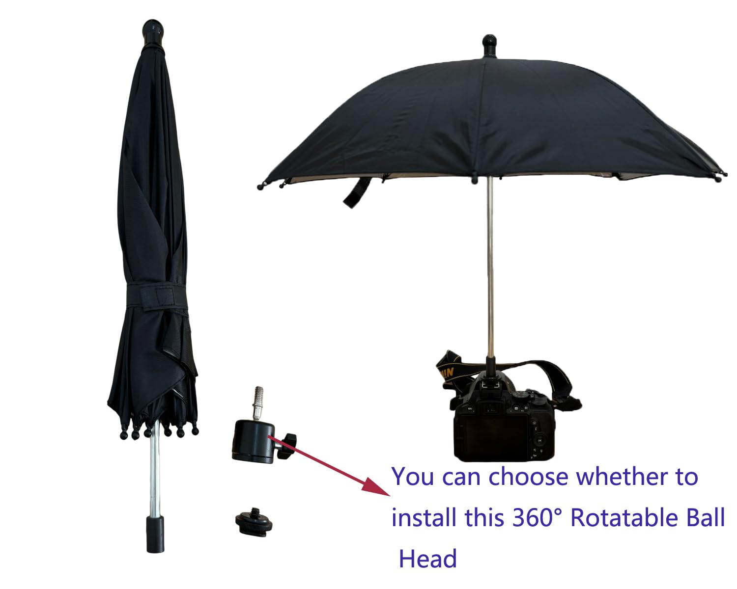 360° Swivel Camera Umbrella with Hot Shoe Mount - Professional Sun Shade & Rain Cover for DSLR Cameras (50cm Large) - Perfect for Outdoor Photography, Vlogging & Rainy Day Shoots