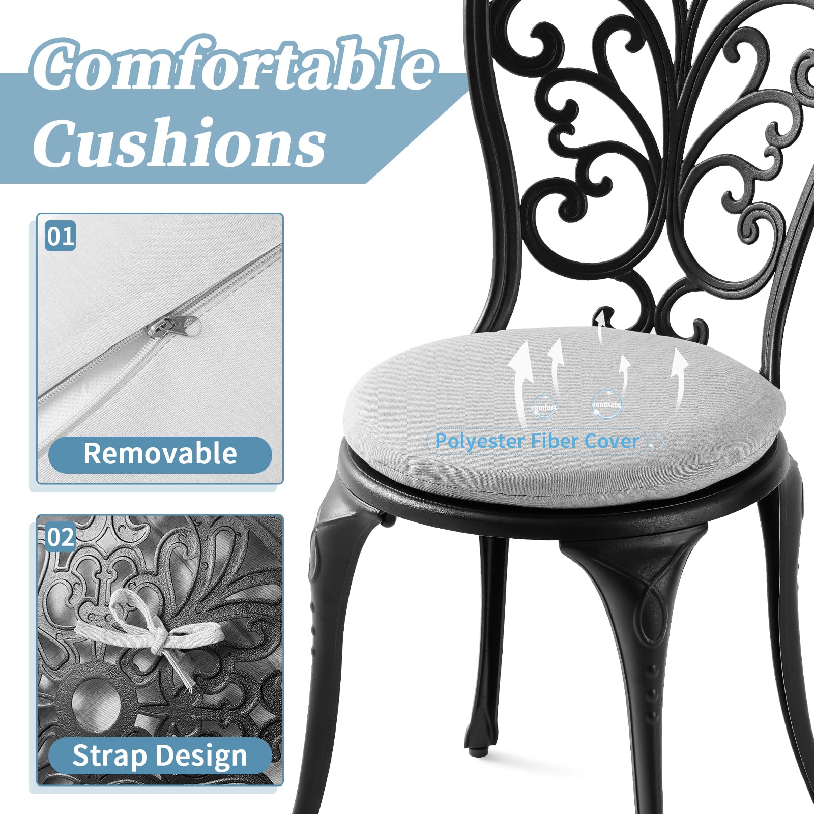 3 Piece Bistro Patio Set - Cast Aluminum Outdoor Table & 2 Chairs with Cushions, All-Weather Garden Furniture with Umbrella Hole (Black) - Perfect for Backyard, Balcony, and Poolside Relaxation