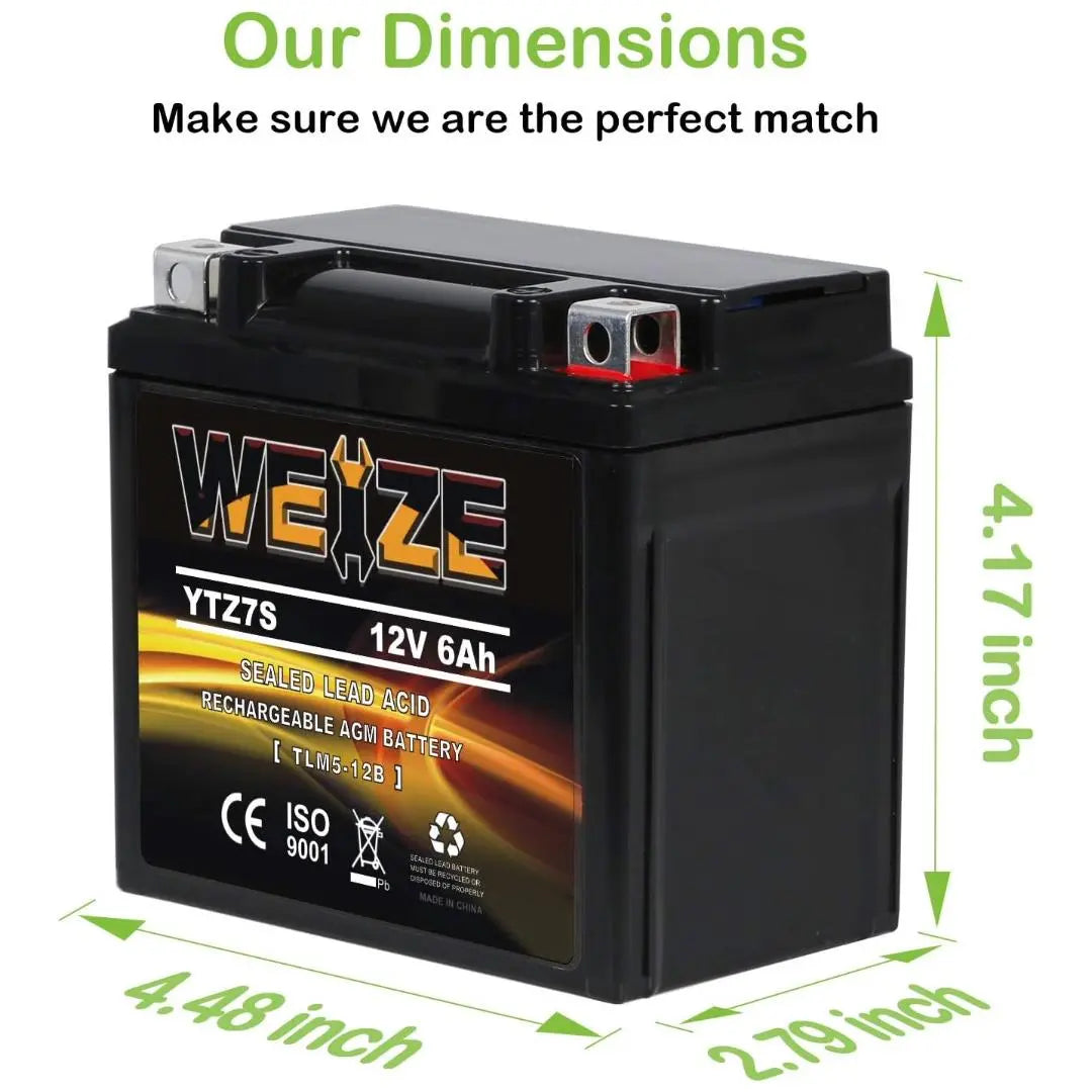 WEIZE YTZ7S BS 12V 6Ah High Performance AGM Motorcycle Battery - Maintenance Free, Compatible with Honda TRX450ER TRX450R ATV - Perfect for Off-Road Adventures and Long Rides