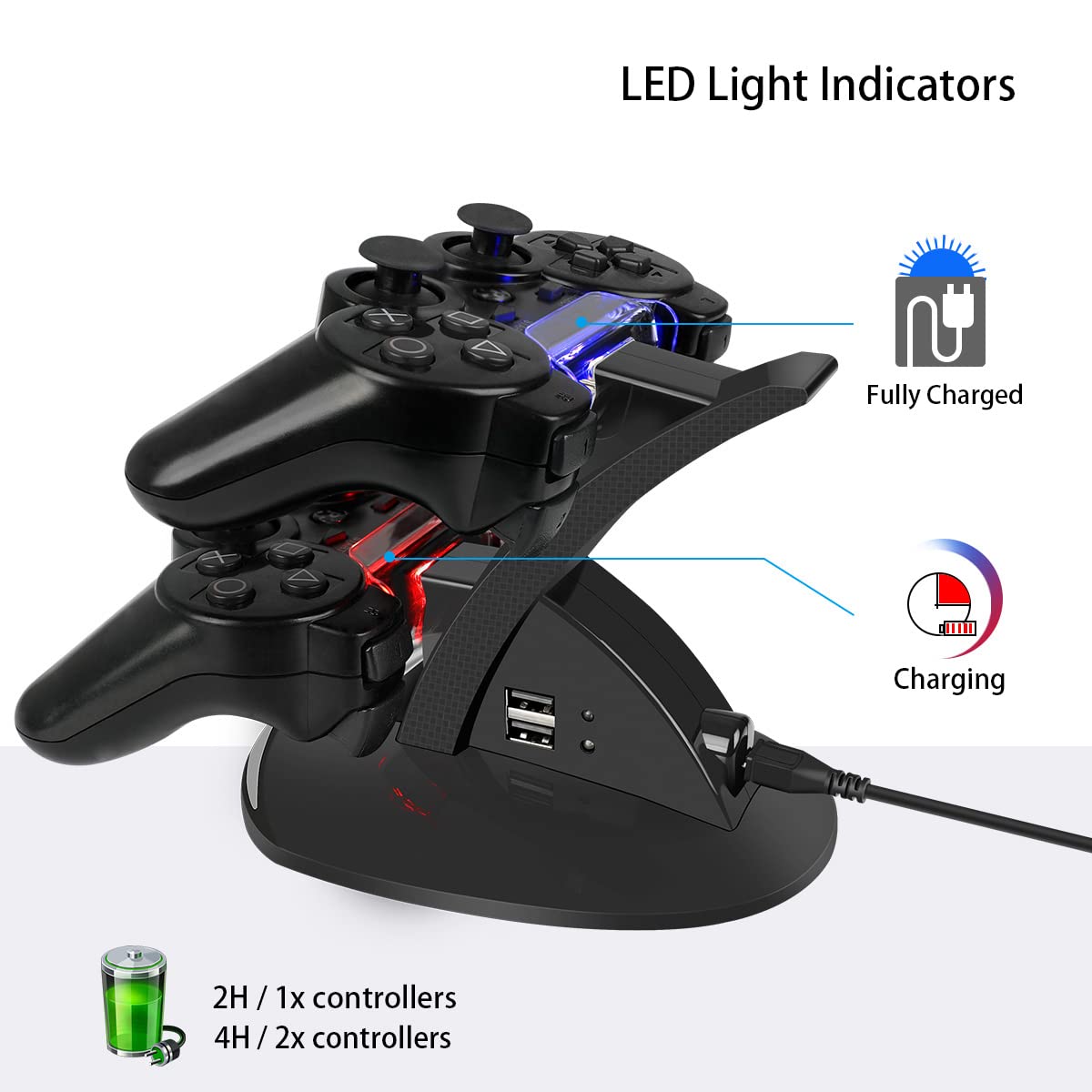 VSEER PS3 Controller Charger - Dual Charging Dock Station Stand for Playstation 3 with LED Indicators (Black) - Fast Charging for Gaming Sessions & Multiplayer Setup