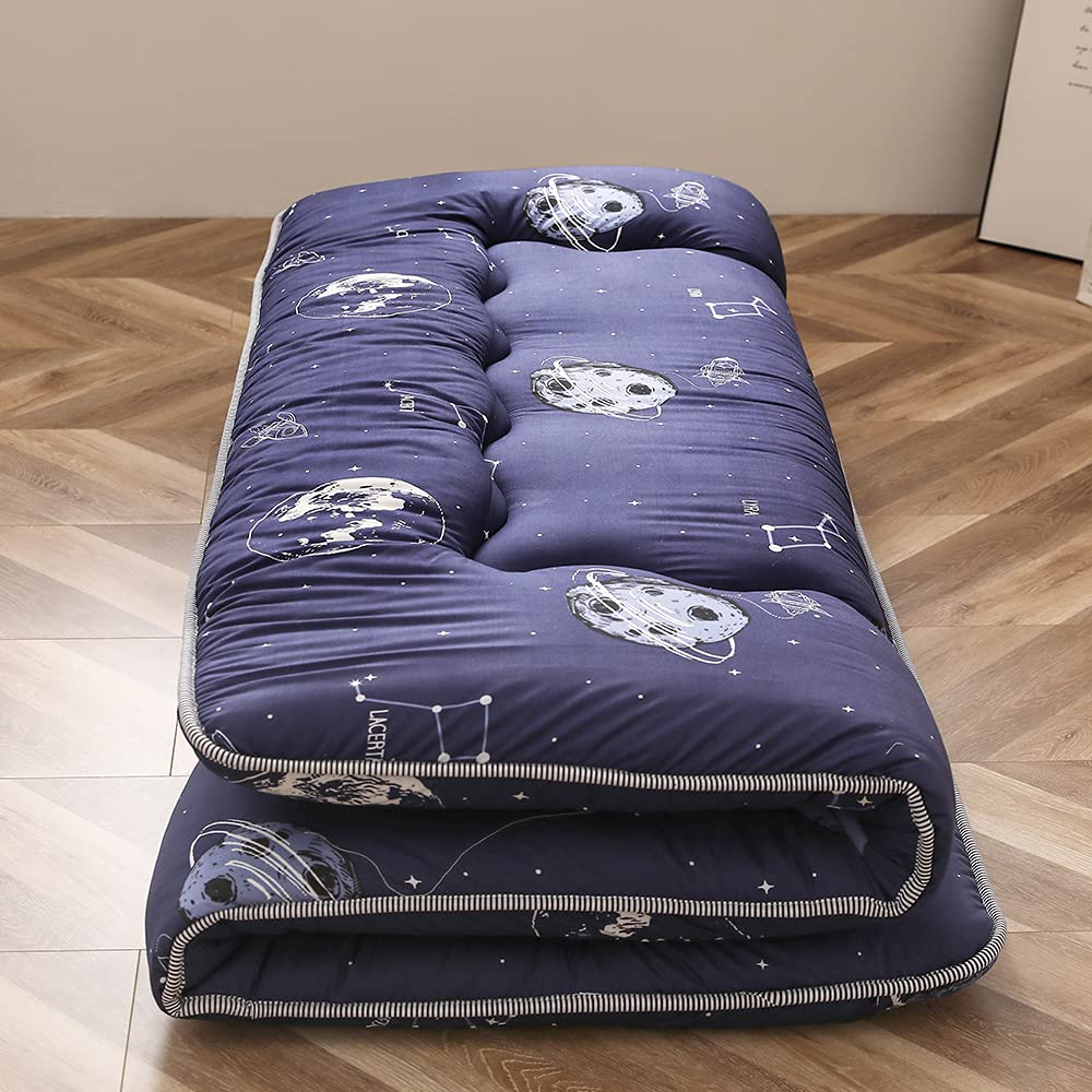 Navy Space Adventure Japanese Floor Futon Mattress - Thick Tatami Mat Sleeping Pad, Foldable Bed Roll for Kids & Adults - Twin Size Floor Lounger for Bedroom, Living Room & Travel