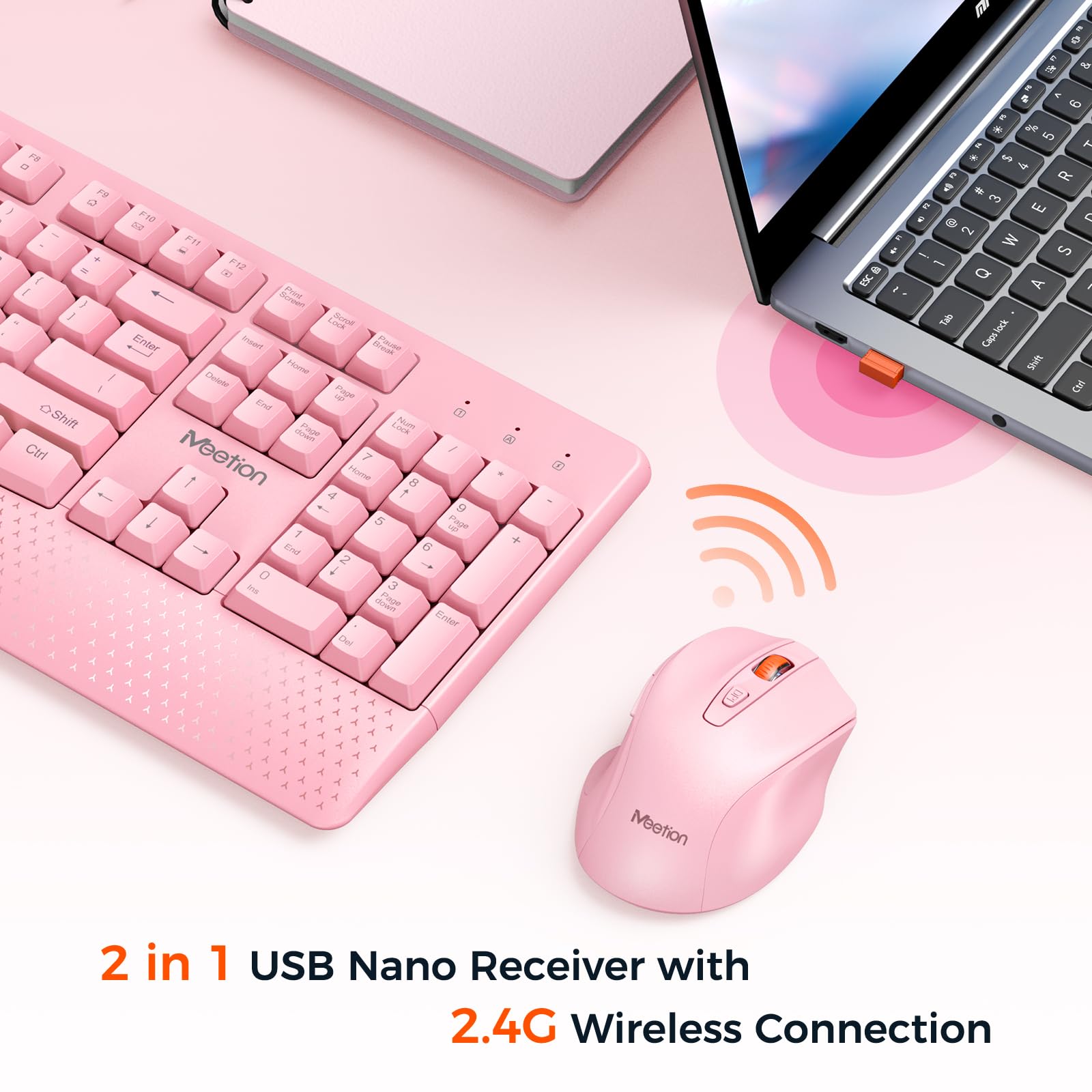 MEETION Wireless Keyboard and Mouse Combo - Full-Sized Ergonomic Keyboard with Wrist Rest & 3 DPI Adjustable Mouse, 2.4G Wireless for PC, Laptop, Windows, Mac (Pink) - Perfect for Office, Gaming, and Home Use