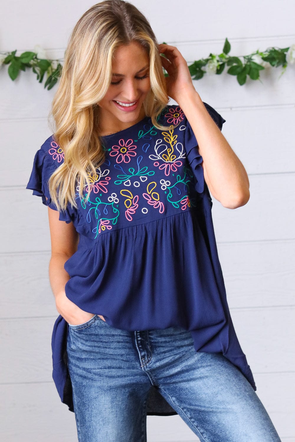 Navy Blue Floral Embroidered Flutter Sleeve Blouse for Women - Elegant Boho Chic Tunic Top for Casual Wear, Date Night & Summer Outfits