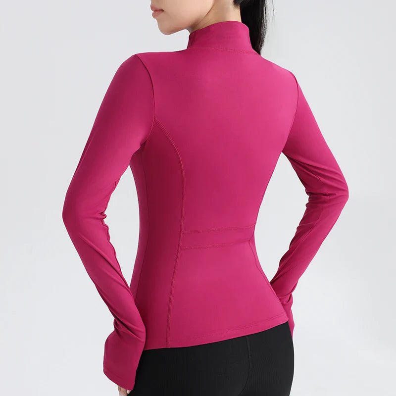 Women's Full Zip Yoga Jacket with Thumbholes - Stretch Fit Long Sleeve Workout Top for Gym, Running & Fitness - Breathable Round Neck Sportswear for Yoga, Pilates & Outdoor Activities