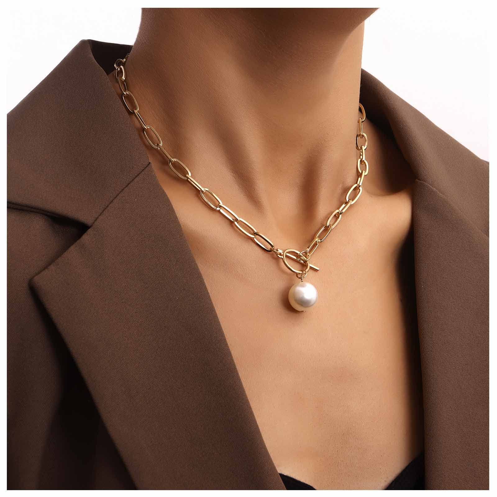 Bohemian Pearl Pendant Necklace with Paperclip Chain - 18K Gold Plated T-Bar Necklace Jewelry for Women & Girls | Perfect for Weddings, Parties & Everyday Elegant Style