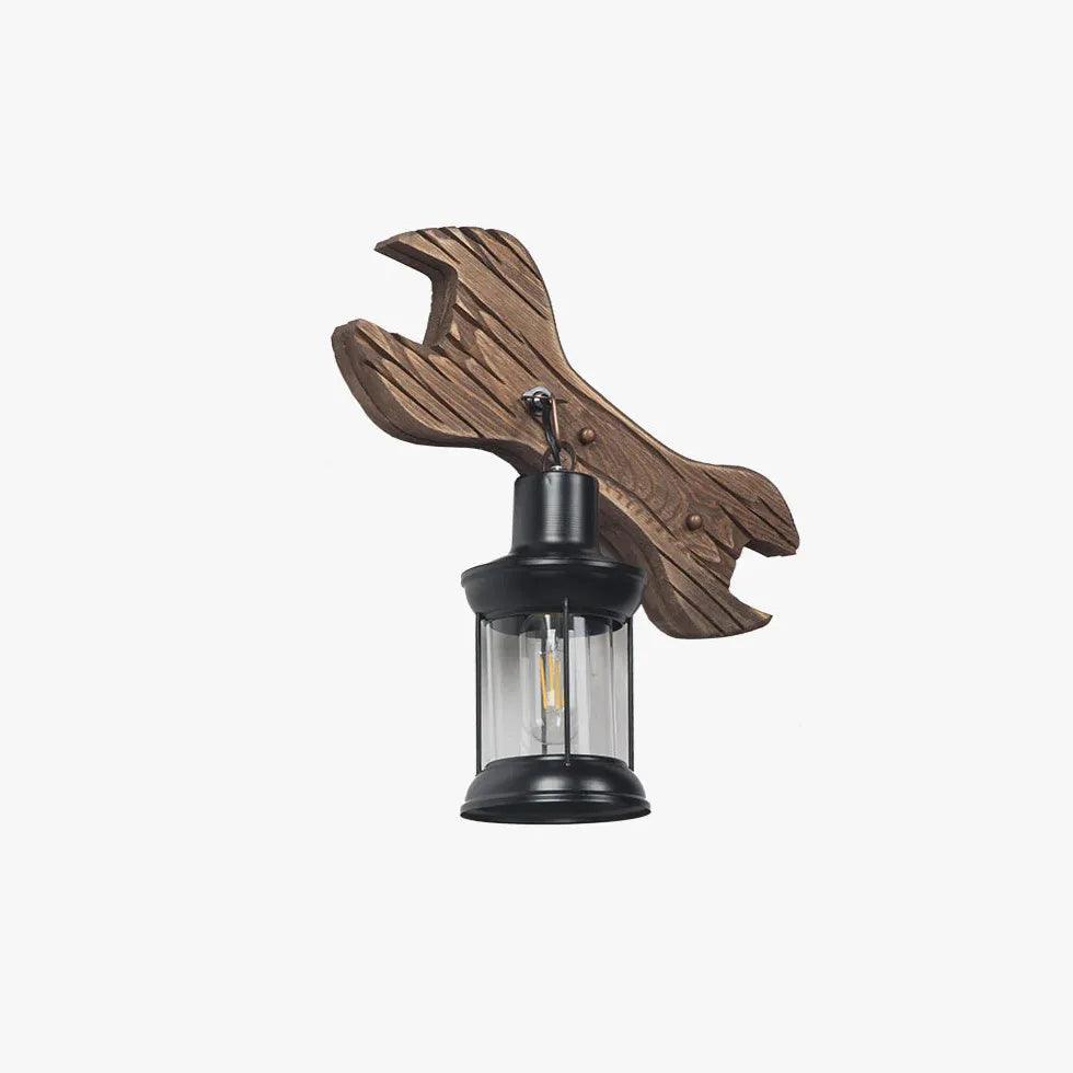 Vintage Wooden Wall Lantern with Wrench Design - Rustic Industrial Lighting for Home, Garden, and Outdoor Decor