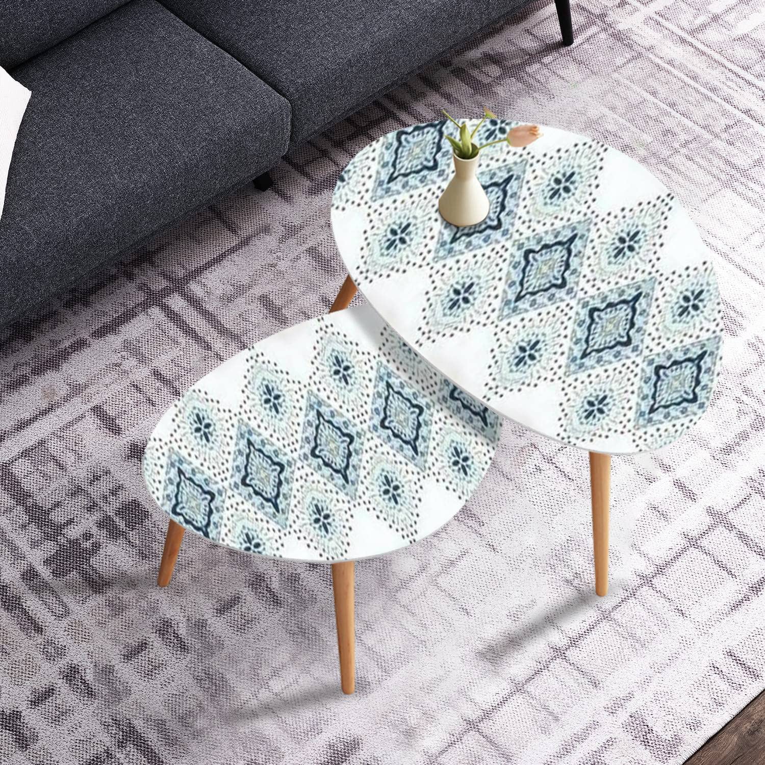 Modern Nesting Coffee End Table Set of 2 - Ikat Geometric Tribal Pattern Side Tables with Minimalist Design for Small Spaces | Perfect for Living Room, Bedroom, or Home Office Furniture