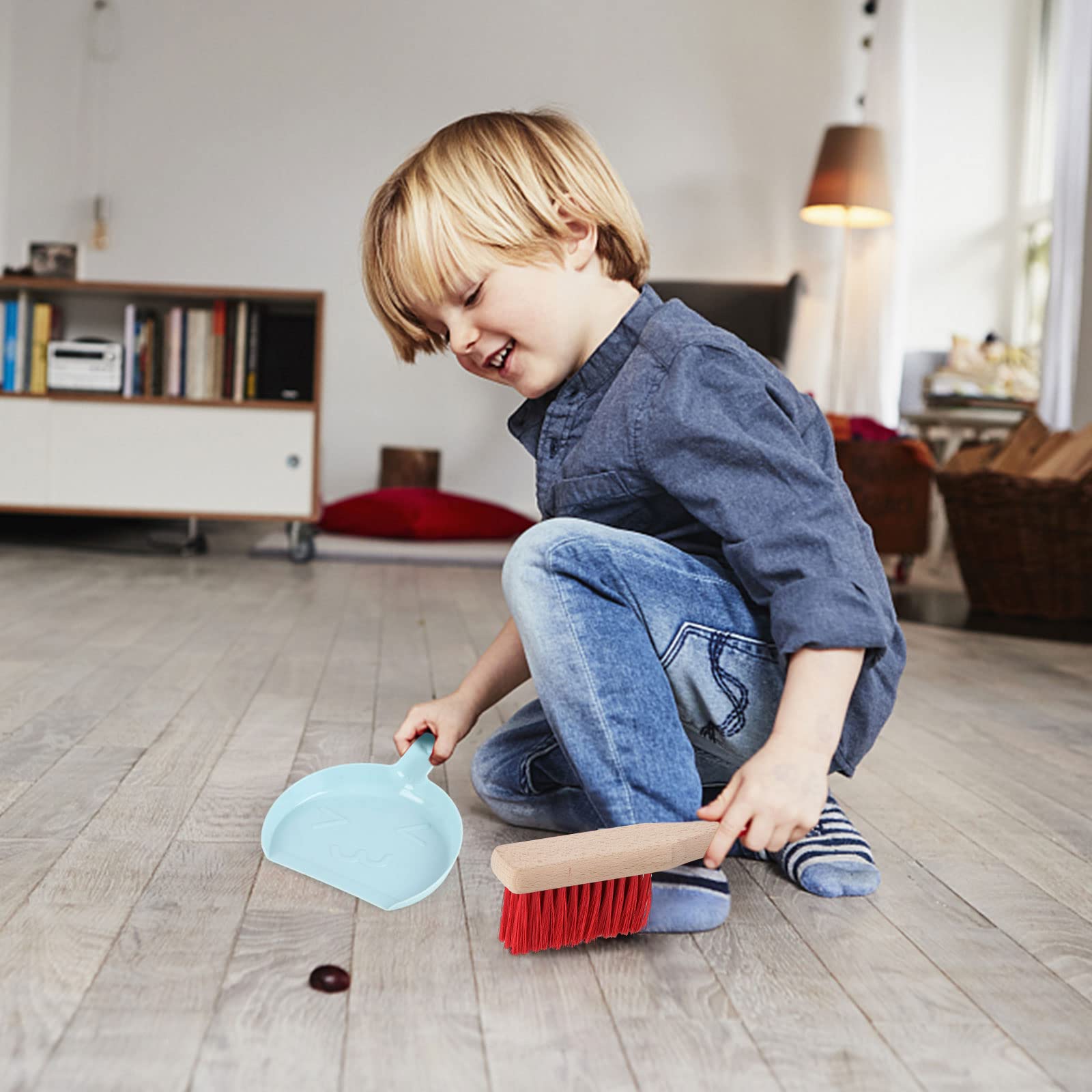 Qilay 7-Piece Kids Cleaning Set - Wooden Broom, Dustpan & Brush for Toddler Pretend Play & Housekeeping