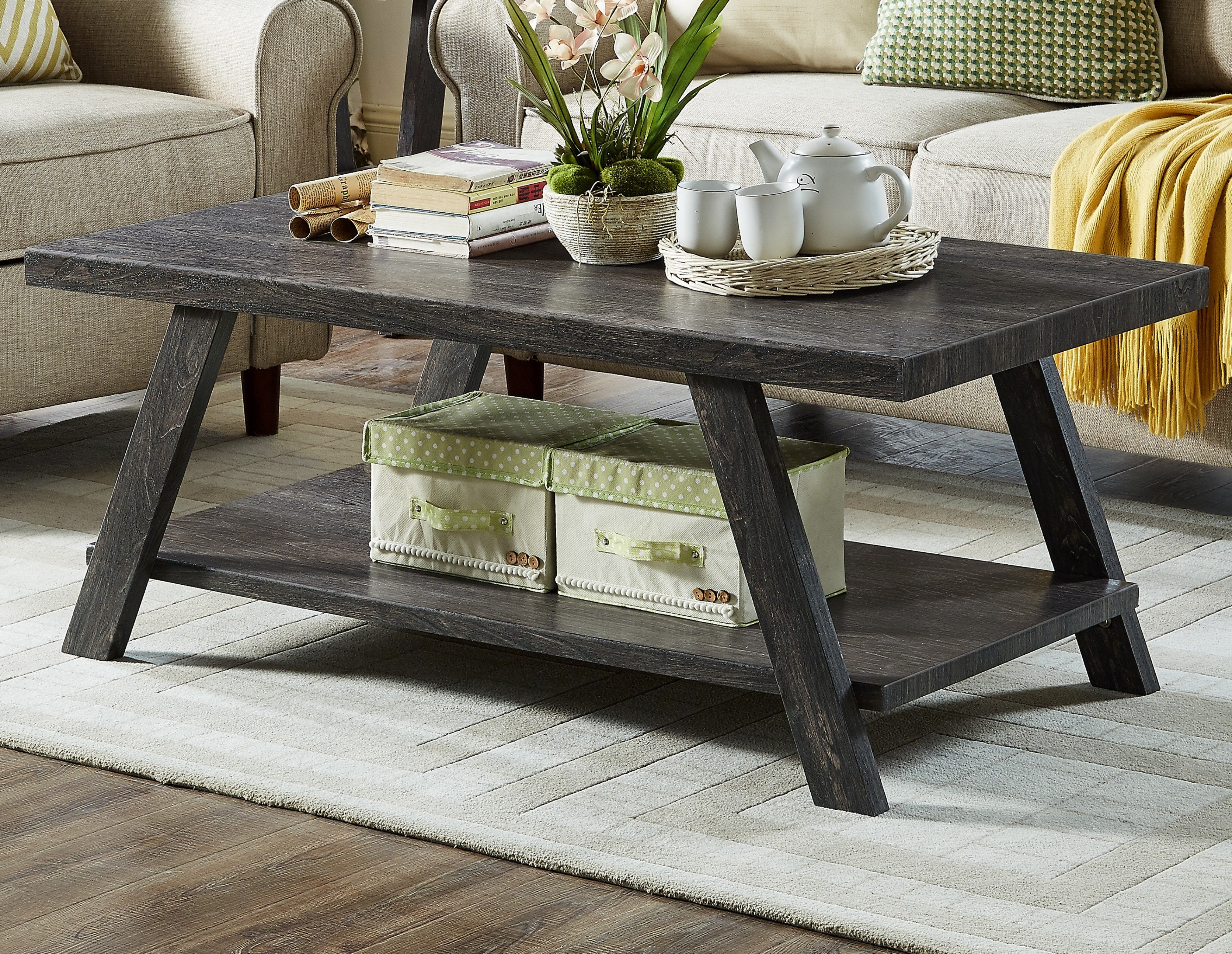 Roundhill Furniture Athens Contemporary Replicated Wood Shelf Coffee Table in Charcoal Finish - Modern Living Room Centerpiece for Home Decor & Storage