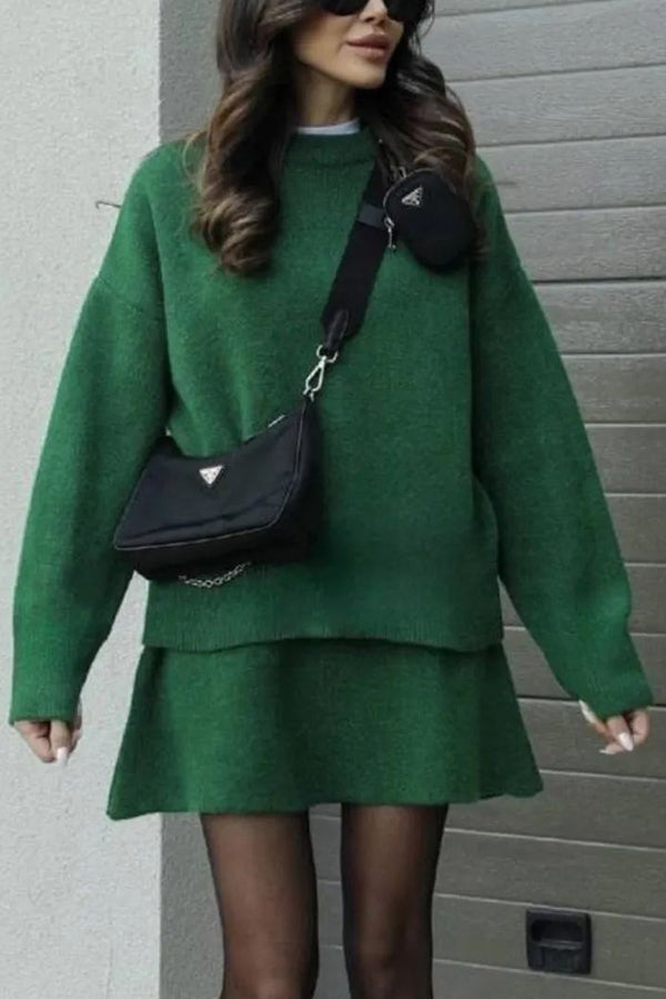 Stylish Solid Color Preppy Knit Top & Stretch Mini Skirt Set - Casual Outfit for Women | Perfect for School, Work & Weekend Outings