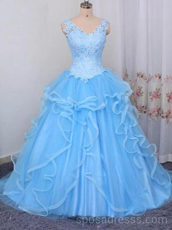 Elegant Blue Lace Straps Ball Gown Long Evening Prom Dress for Women | Custom Sweet 16 Dresses | Perfect for Formal Events, Prom Nights & Quinceañera Celebrations