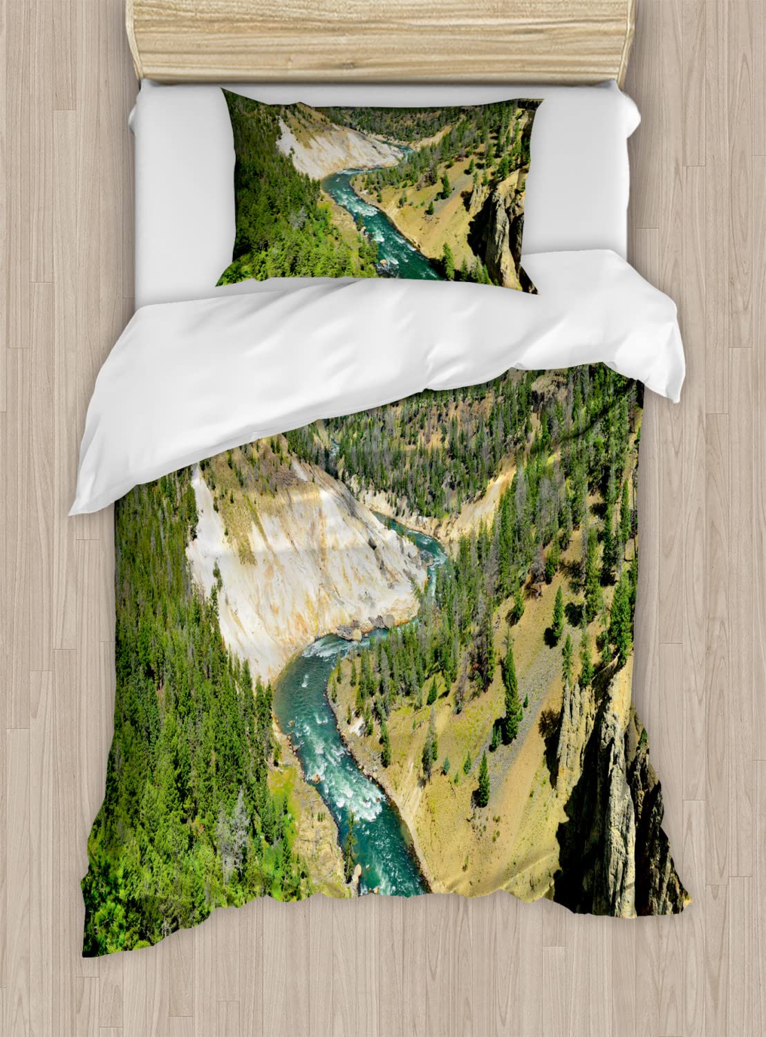 Ambesonne Wyoming Duvet Cover Set - Yellowstone Calcite Springs Trees Panorama Bedding | 2-Pack Twin Size Olive Green & Sand Brown | Includes 2 Duvet Covers & 2 Pillowcases | Perfect for Nature Lovers' Bedrooms & Cabin Decor