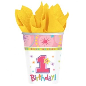 Amscan One-derful Birthday Girl 9 oz Plastic Cups - Pack of 8 | Disposable Party Cups for Kids Birthday Celebrations, Baby Showers & Special Events