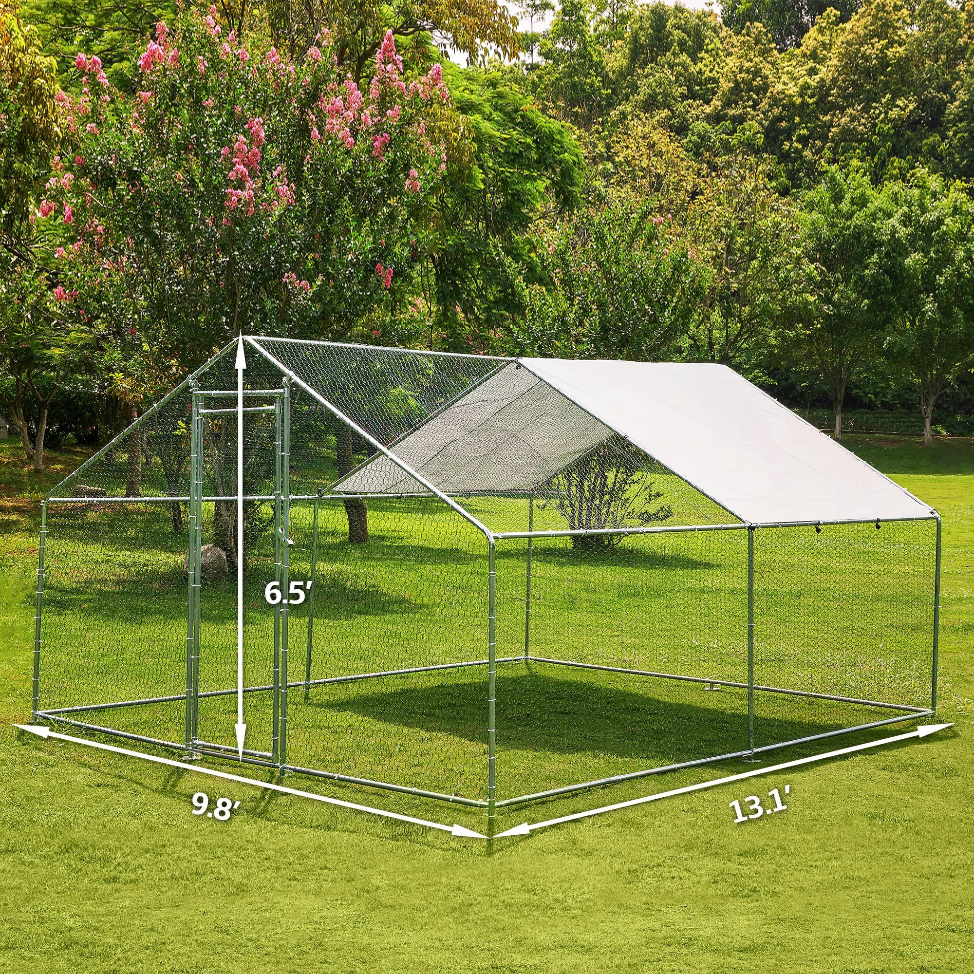 TOETOL Large Walk-In Chicken Coop - 13.1’L x 9.8’W x 6.5’H Metal Poultry Cage with Waterproof UV-Resistant Cover for Hens, Rabbits, Ducks - Spire Shaped Outdoor Habitat for Backyard Farm, Garden & Pet Shelter