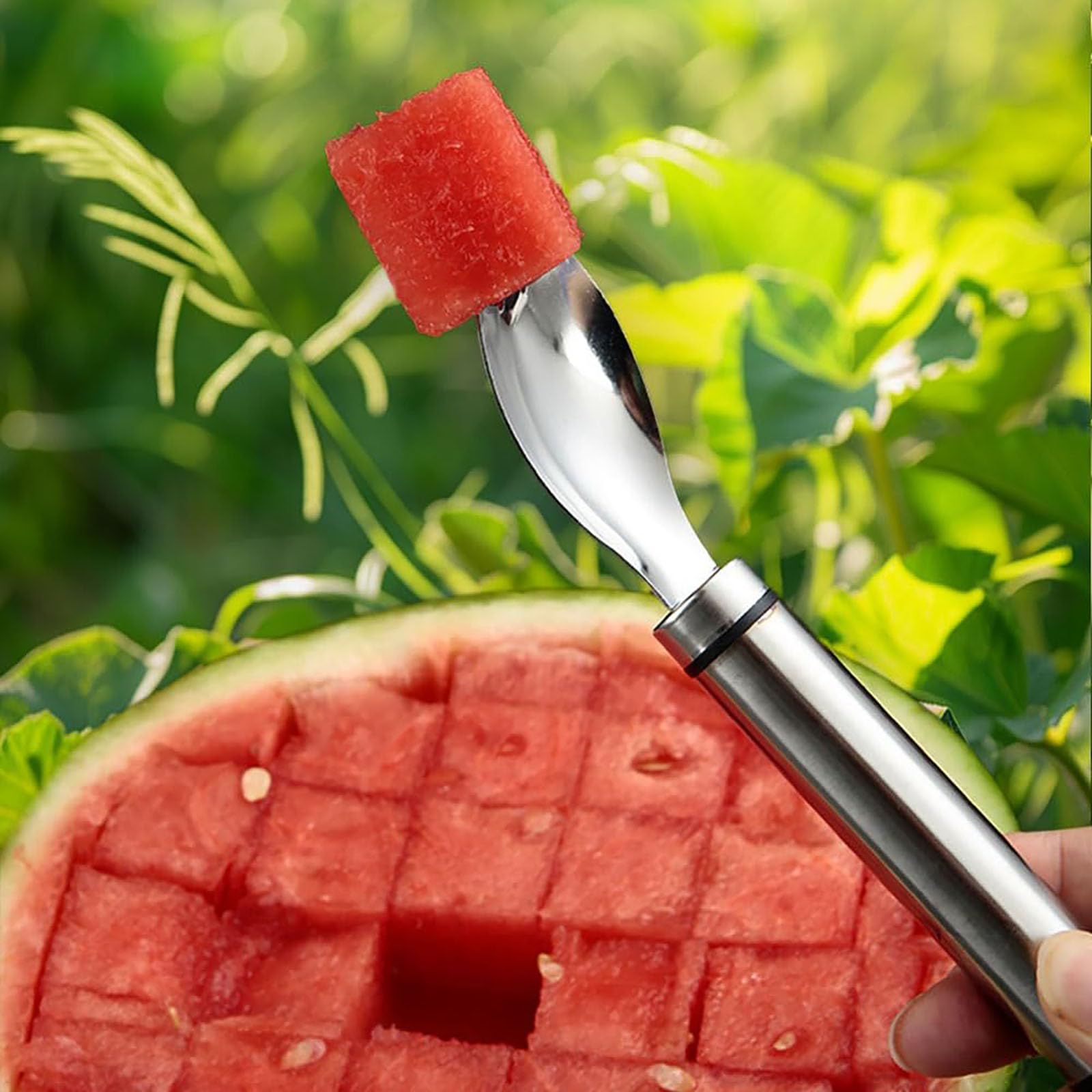 2024 Upgraded 2-in-1 Stainless Steel Fruit Cutter - Dual Head Watermelon Slicer & Melon Fork - Durable Silver Kitchen Tool for Summer BBQs, Picnics & Fruit Platters
