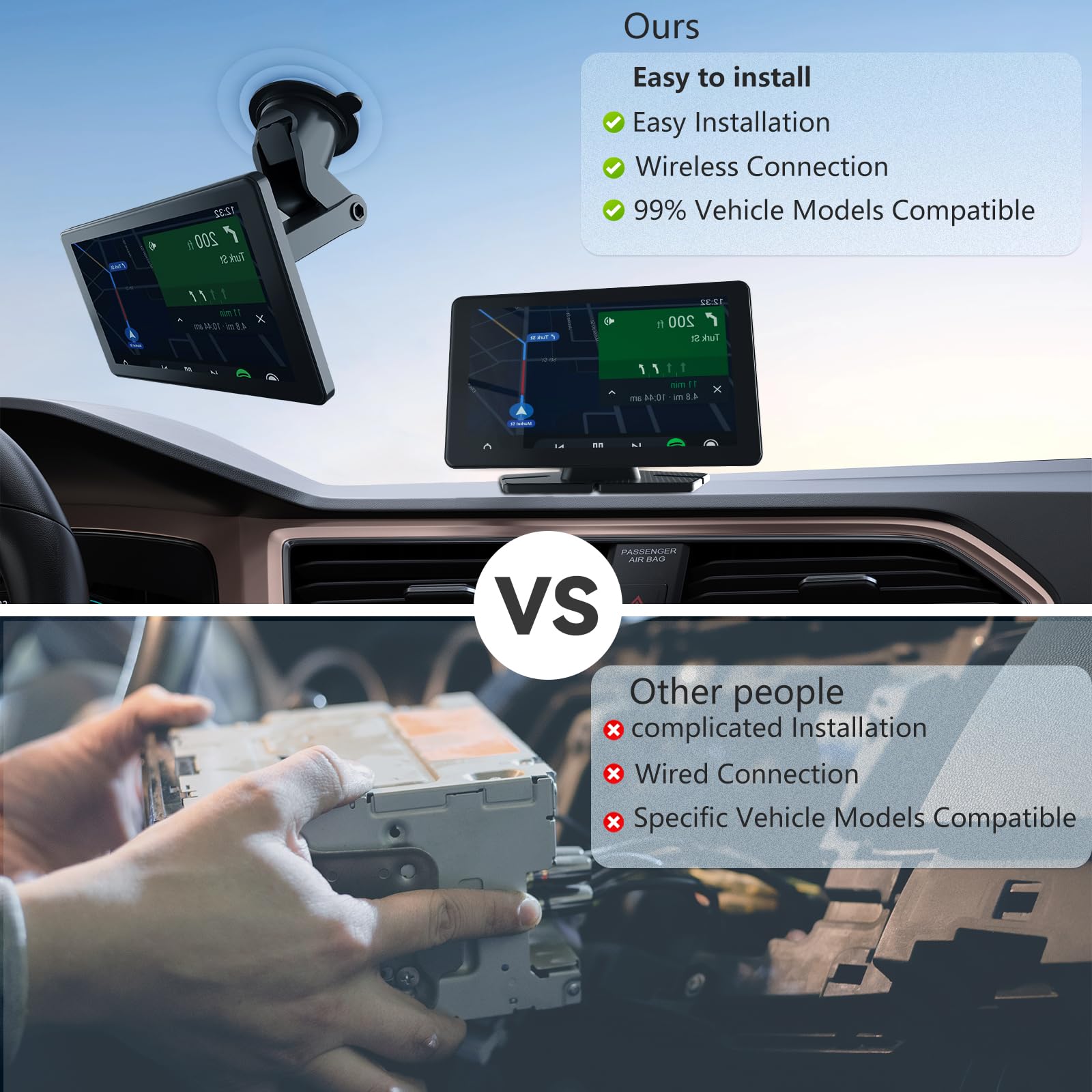 7 Inch Wireless Carplay Screen with Apple CarPlay & Android Auto - GPS Navigation, Backup Camera, Bluetooth, AUX, FM, Siri & Voice Control - Universal Fit for All Cars - Perfect for Road Trips & Daily Commuting