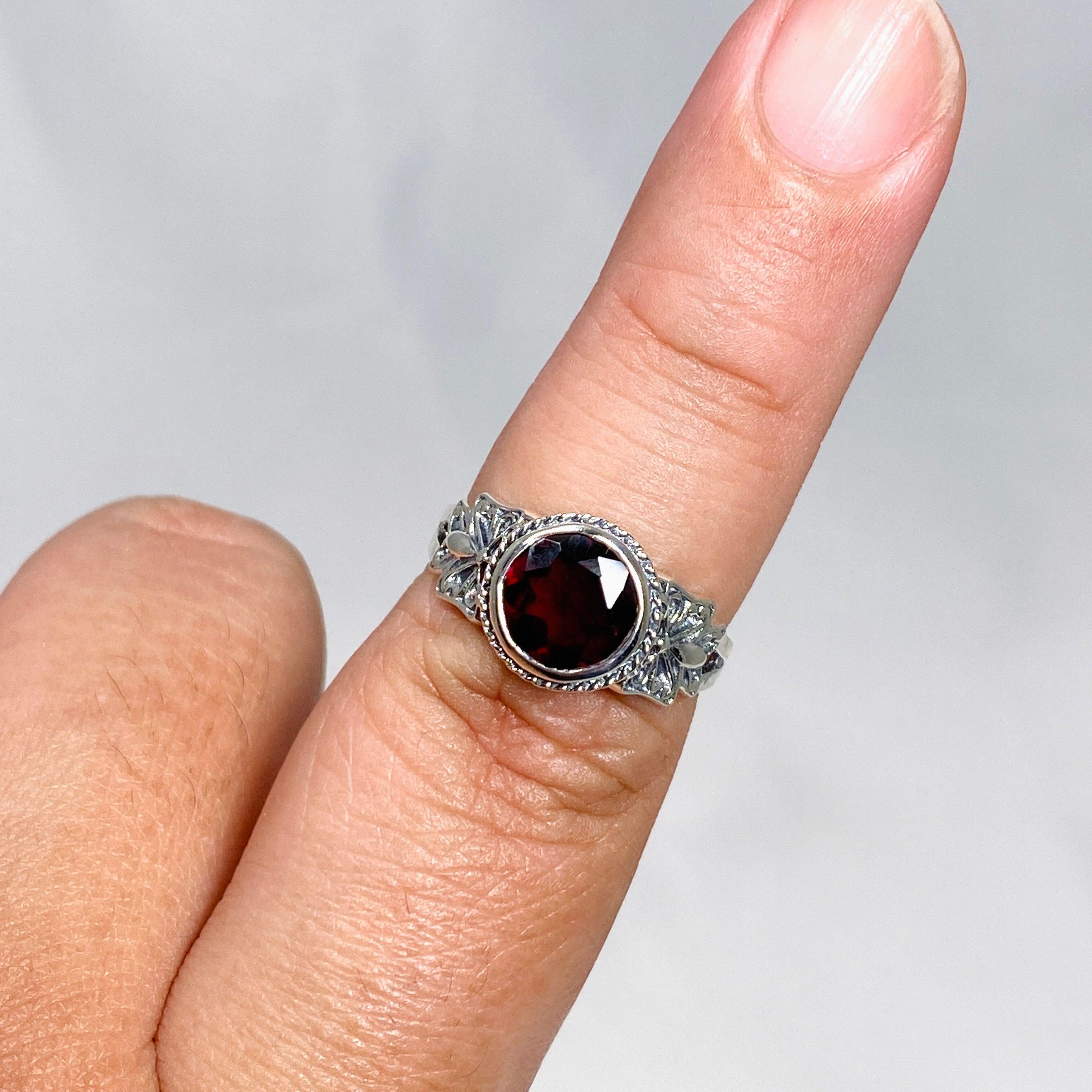 Garnet Faceted Round Ring in Elegant Decorative Setting R3671 - Perfect for Weddings, Anniversaries & Special Occasions
