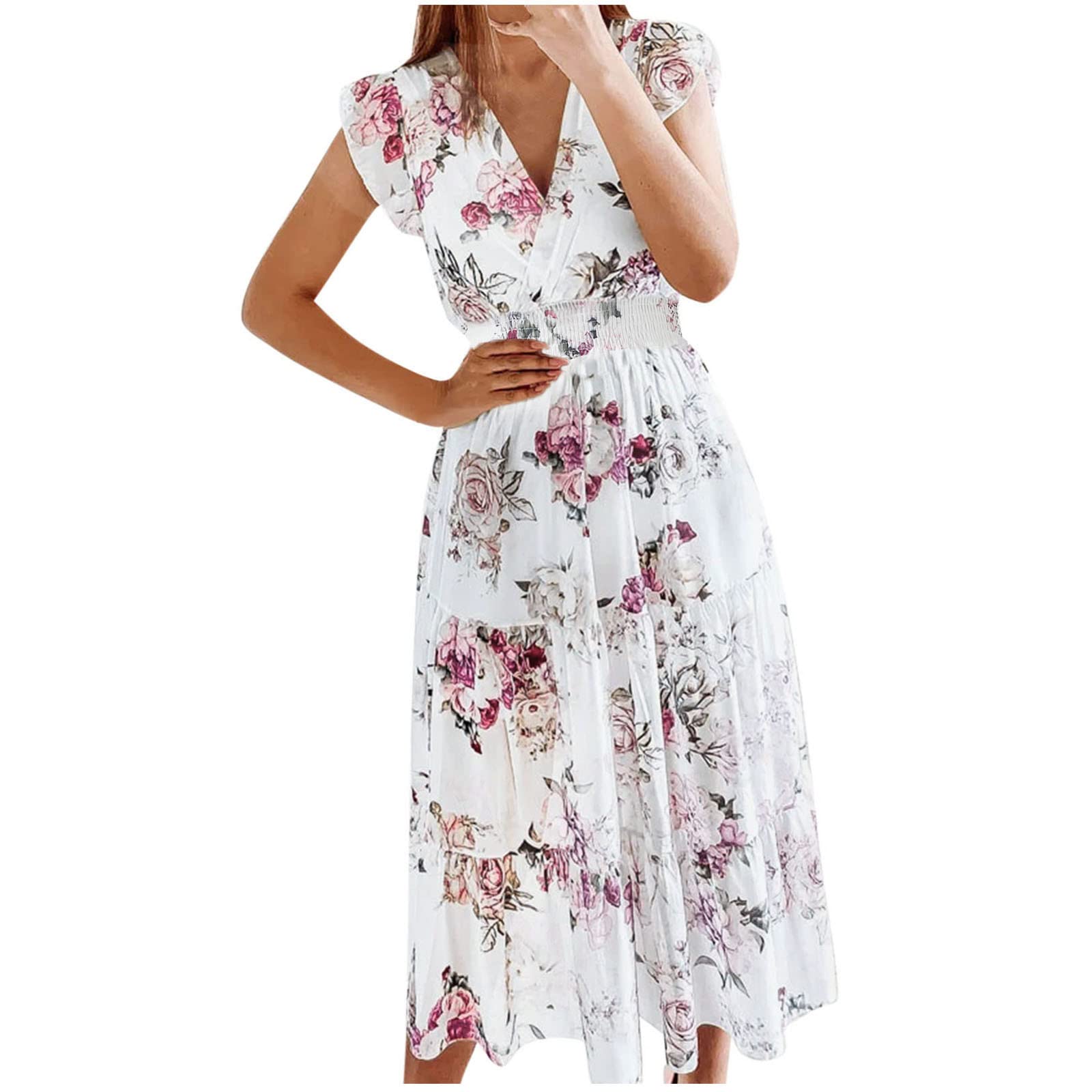 Women's Floral Boho V-Neck Long Maxi Dress - Elastic High Waist, Tiered Flare Sun Dress for Summer | Perfect for Beach Vacations, Music Festivals & Boho-Chic Outfits