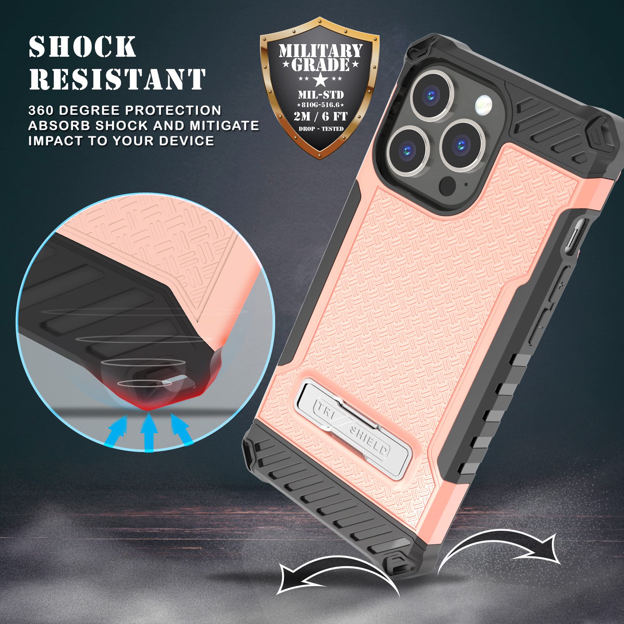 Tri-Shield Military Grade Rugged iPhone 13 Pro Max Case with Metal Kickstand & Wrist Strap Lanyard - Blush Pink | Shockproof Protective Cover for Outdoor, Travel & Daily Use