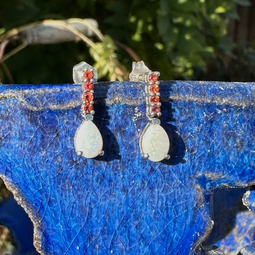 Sterling Silver White Opal & Orange Garnet Stud Earrings for Women - Dainty Pierced Post Jewelry for Everyday Wear, Gift Giving & Special Occasions