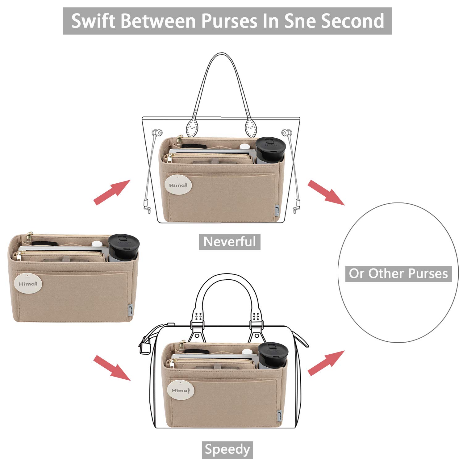Purse Organizer Insert for Handbags - Bag in Bag Organizer with 5 Sizes (Large, Beige) - Perfect for Speedy Neverfull & Other Tote Bags | Keep Essentials Neat & Accessible