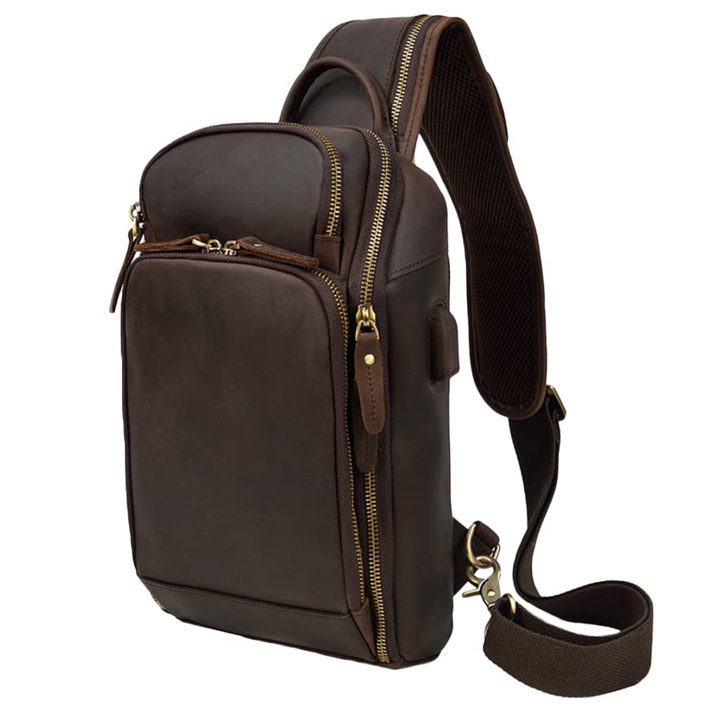 Vintage Leather Messenger Bag for Men - Small Crossbody Sling Bag, Travel Hiking Chest Shoulder Daypack, Fits iPad - Perfect for Work, Commuting & Outdoor Adventures
