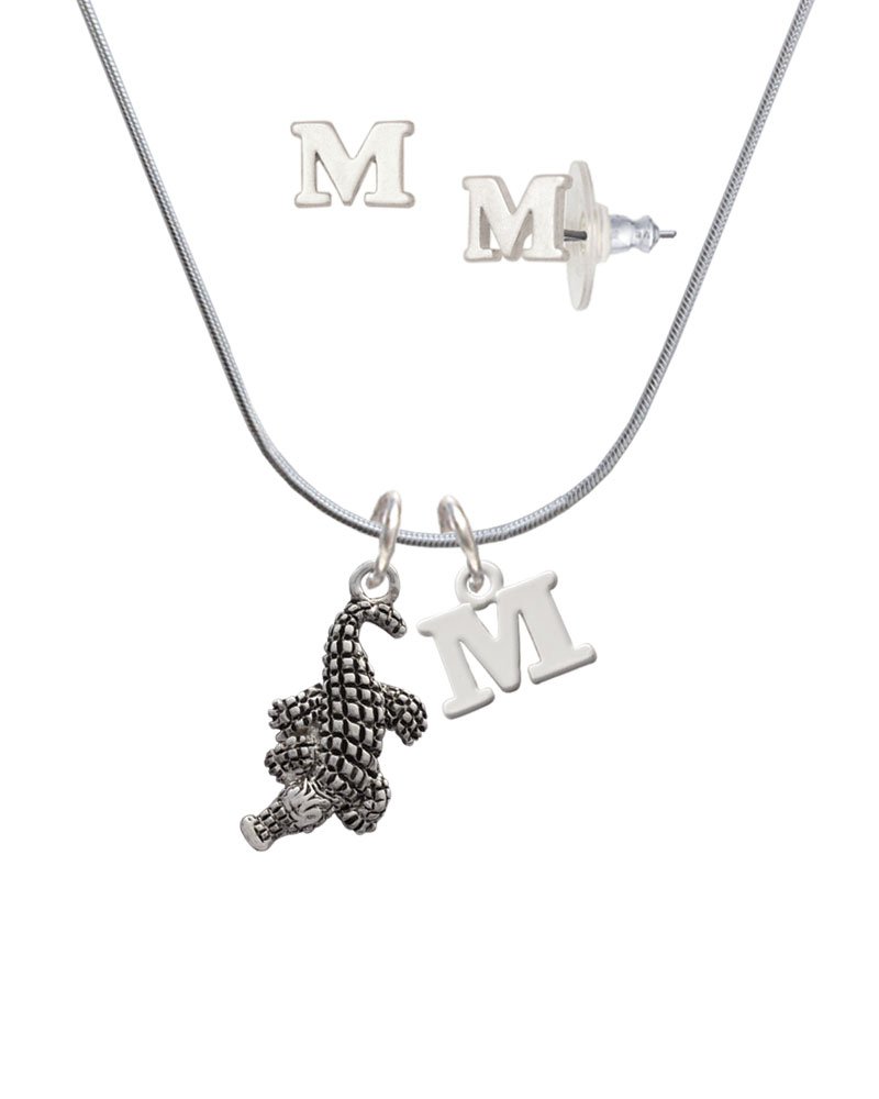 Stylish Silvertone Alligator Initial Charm Necklace & Stud Earrings Jewelry Set - Perfect for Women's Fashion, Birthday Gifts & Everyday Wear