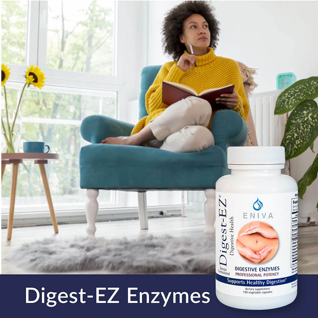 Eniva Digest-EZ Digestive Enzymes Supplement with Bromelain, Papain, Ginger & Alfalfa - 120 Capsules for Gut Health & Digestion Support - Perfect for Bloating Relief & Post-Meal Comfort