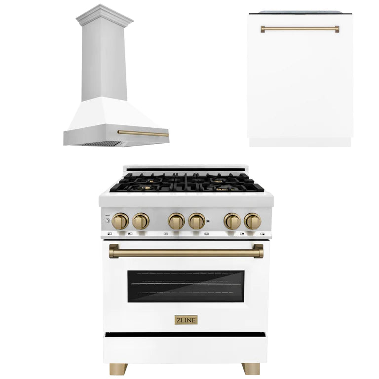 ZLINE Autograph Edition 30-inch Stainless Steel Dual Fuel Range with White Matte Door, Range Hood & Dishwasher - Champagne Bronze Accents | Professional Kitchen Package for Modern Homes & Gourmet Cooking
