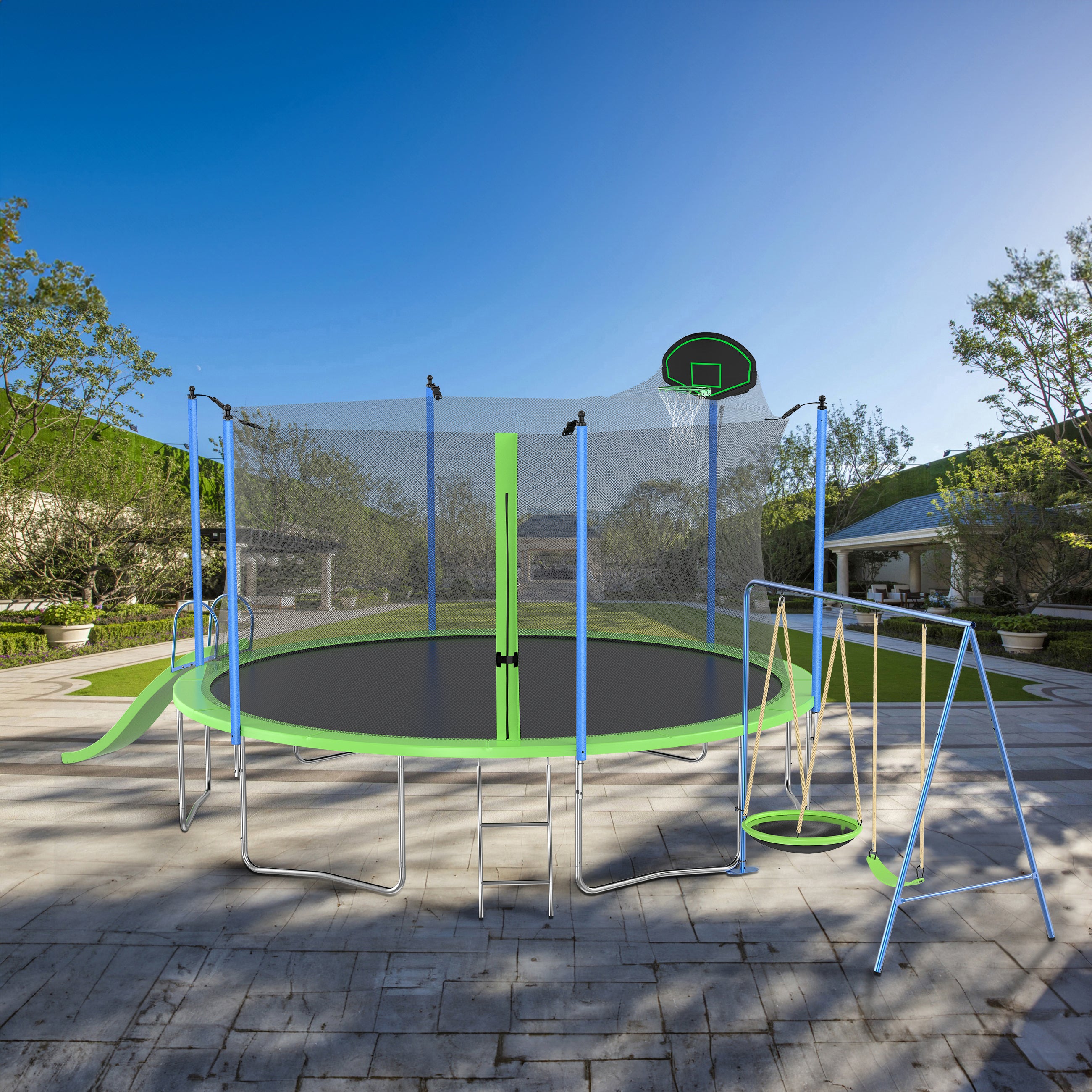 14FT Outdoor Trampoline with Slide, Swings, Basketball Hoop & Ladder - ASTM Approved Large Recreational Trampoline with Safety Net for Kids & Adults - Perfect for Backyard Fun, Family Exercise & Outdoor Play
