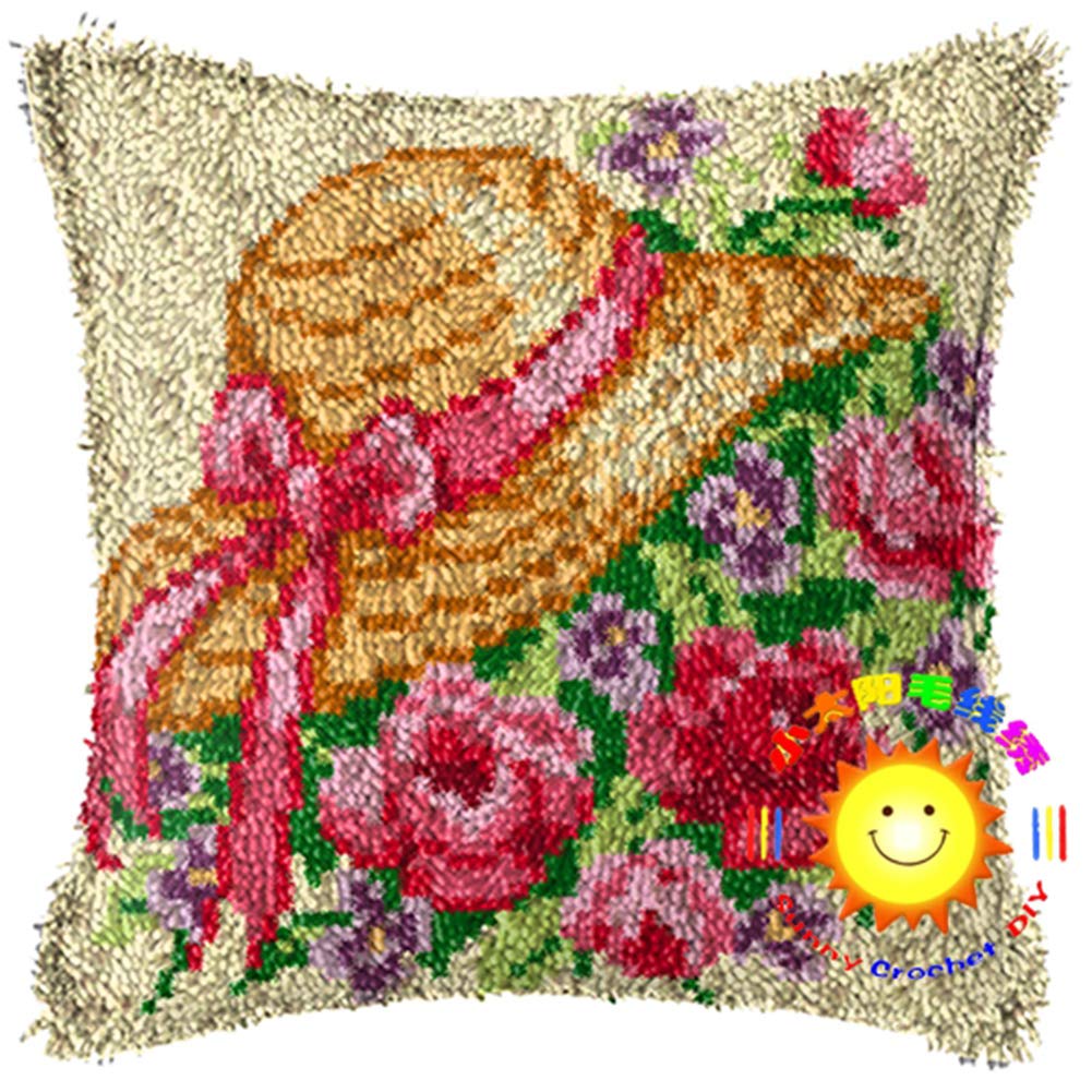 HMLOPX Latch Hook Kits for DIY Needlework - Animal Pattern Embroidery Kit for Sofa Seat Covers, Decorative Pillow Covers & Handcrafted Home Decor (Three Little Birds Design with Bow Knot Straw Hat Flowers) - Perfect for Living Room Decor, Gift Making & Craft Projects