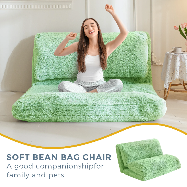 MAXYOYO Faux Fur Bean Bag Chair - Foldable Floor Sofa Bed with Foam Filling, Green Wall Couch Sleeper for Living Room, Bedroom & Dorm | Comfortable Lounge Chair for Reading, Gaming & Relaxing