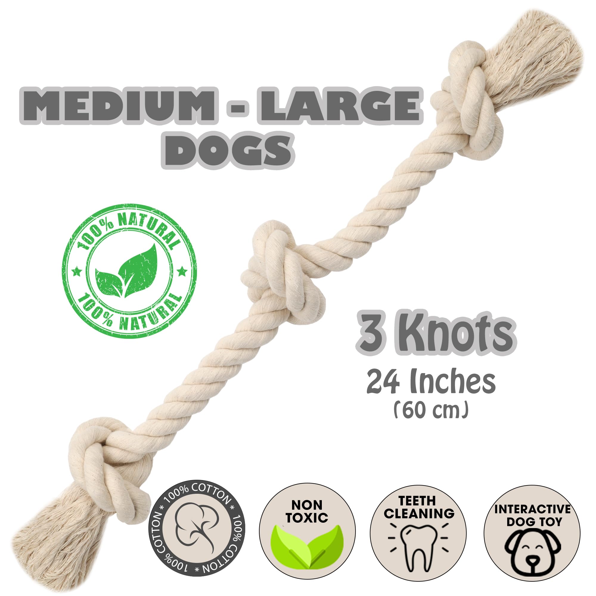 Barida Natural White Cotton Durable Dog Rope Chew Toy - Non-Toxic Premium Interactive Rope Toy for Medium & Large Dogs | Tug of War, Teething Relief, Training & Playtime Fun