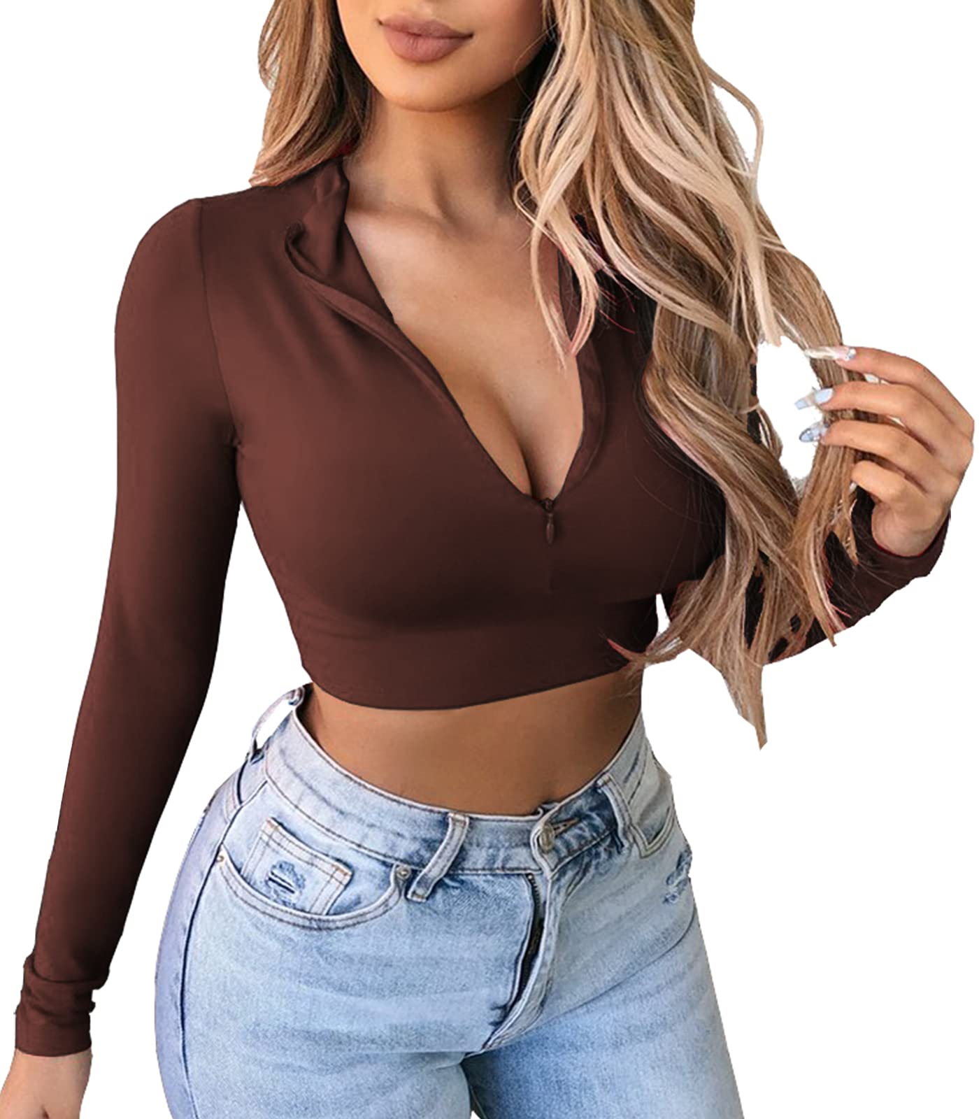 Artfish Women's Long Sleeve Quarter Zip Fleece Lined Crop Top - Soft V-Neck Fitted Shirt for Yoga, Running & Winter Layering