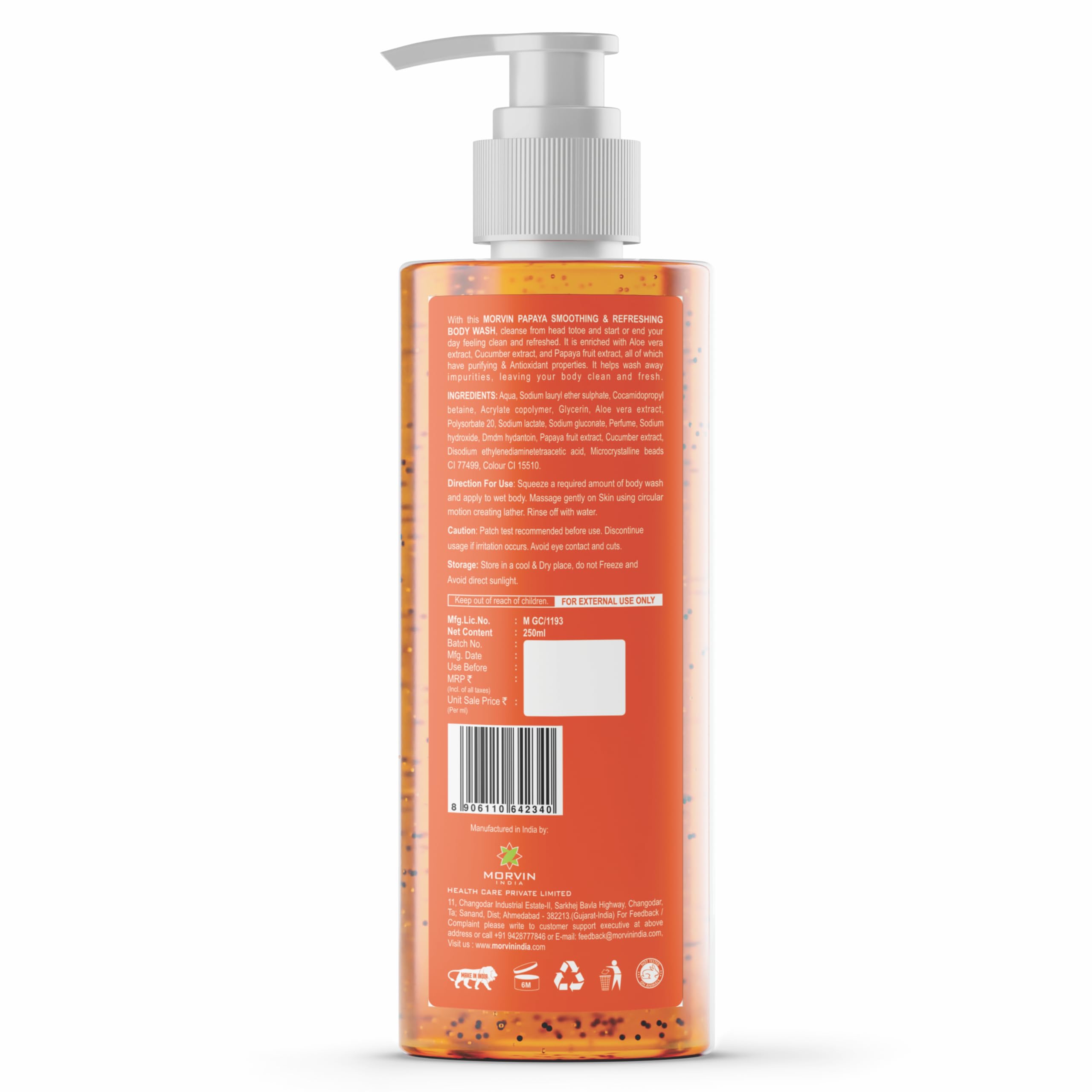 Morvin Papaya Smoothing & Refreshing Body Wash Shower Gel 250ml - Exfoliating & Deep Cleansing with Papaya & Aloe Vera Extract | Paraben, Silicone & Mineral Oil Free | Hydrating for Dry Skin & Post-Workout Refreshment