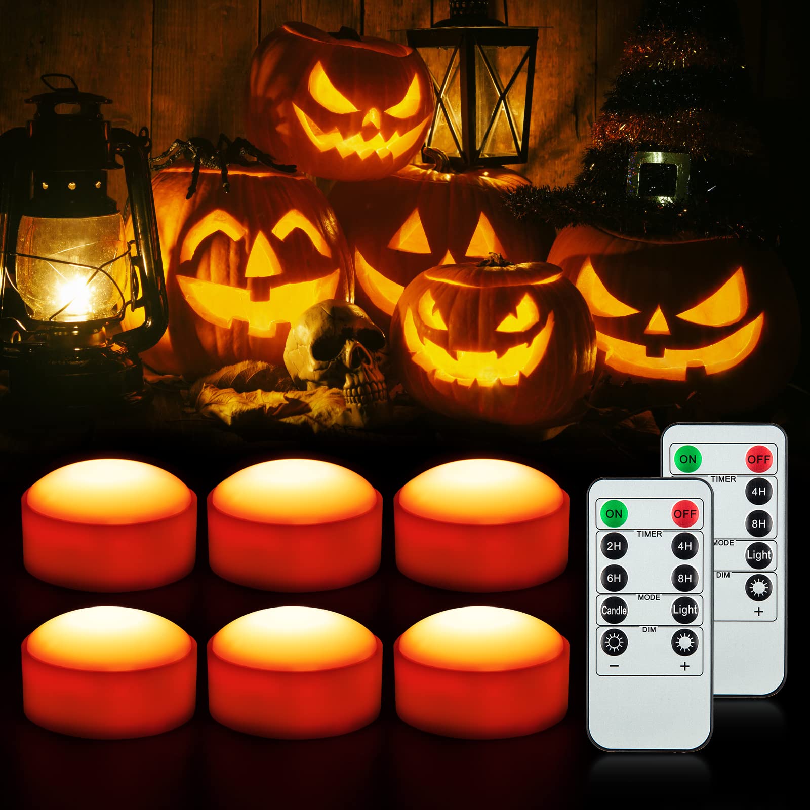 Litake LED Flameless Pumpkin Lights with Remote - 6 Pack Battery Operated Dimmable Halloween Candle Lights with Timer, Flickering Jack-O-Lantern Effect for Indoor/Outdoor Decor | Perfect for Halloween Porch, Yard, Party & Window Displays
