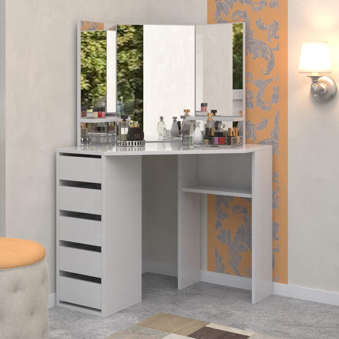 Victoria White Corner Makeup Vanity Table with 3 Mirrors & 5 Drawers - Elegant Dressing Table for Bedroom, Perfect for Makeup Application, Skincare Routine & Jewelry Organization