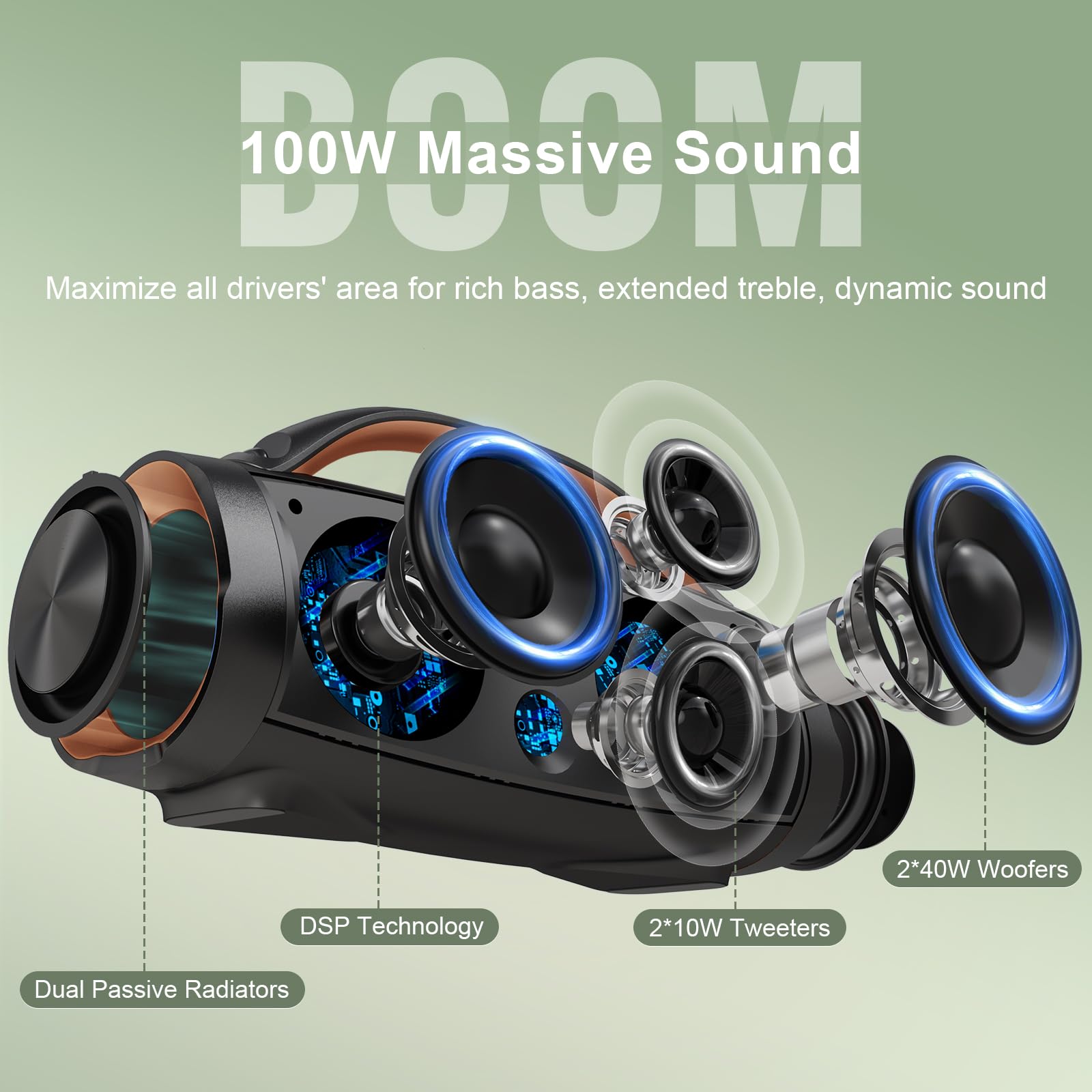 DOSS Extreme Boom+ 100W Loud Bluetooth Speaker with Powerful Stereo Sound, Deep Bass, 20H Playtime, Party-Sync LED Lights, Built-in Power Bank, IPX6 Waterproof - Perfect for Outdoor Camping, Beach Parties, Travel & Home Use (Copper Gold)