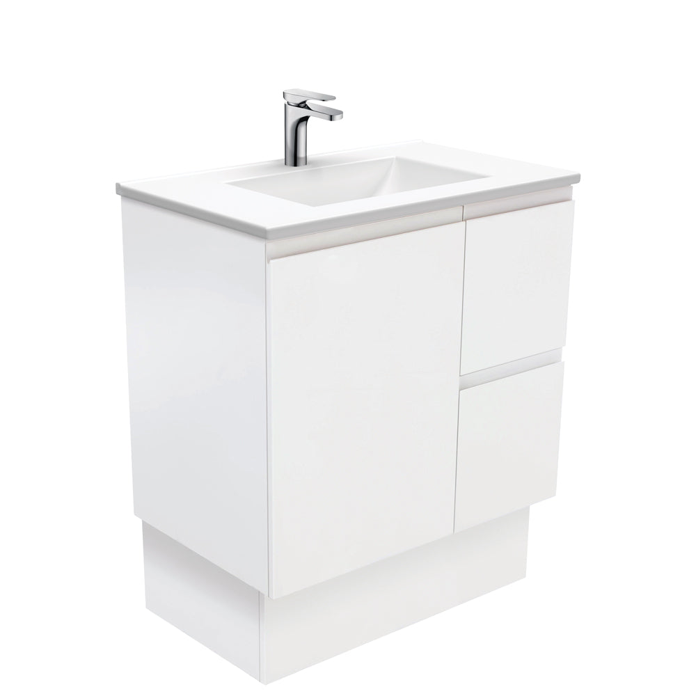 Fienza VAN75ZKL Vanessa 75-Inch White Satin Fingerpull Vanity with Kickboard & Left Drawers - Perfect for Modern Bathroom or Bedroom Makeup Dressing Table