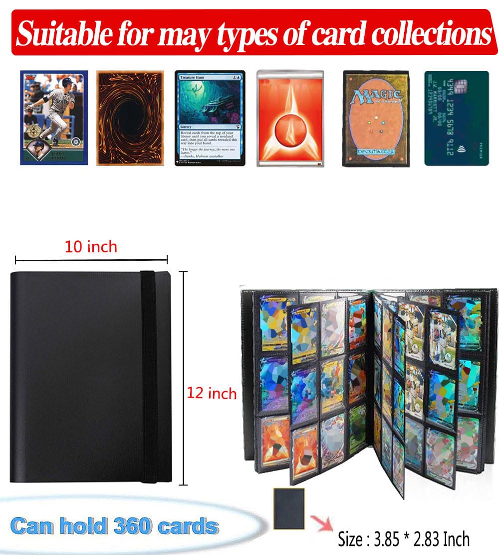 PKMLIFE 9-Pocket Trading Card Binder with Sleeves - Holds 360 Cards for Yugioh, MTG, Baseball, Hockey & Sports Cards | Premium Collection Storage Protection (Black) | Perfect for Card Collectors, Tournaments & Organized Play