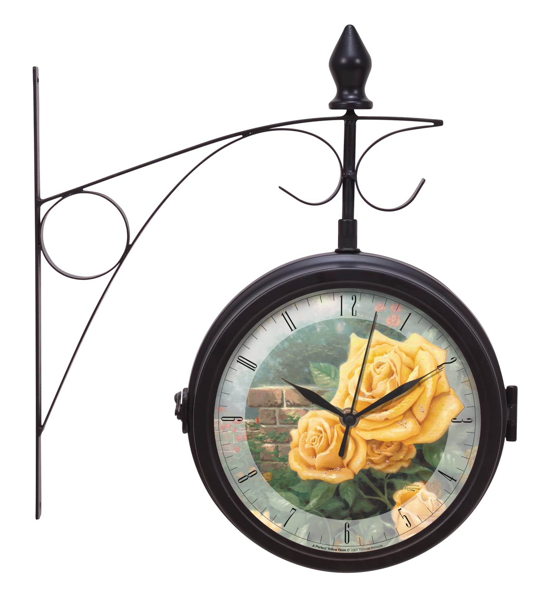 Thomas Kinkade Yellow Rose Metal Wall Clock with Thermometer - 14 Inch Vintage Style Home Decor for Living Room, Bedroom & Office - Perfect Gift for Housewarming, Birthday & Anniversary