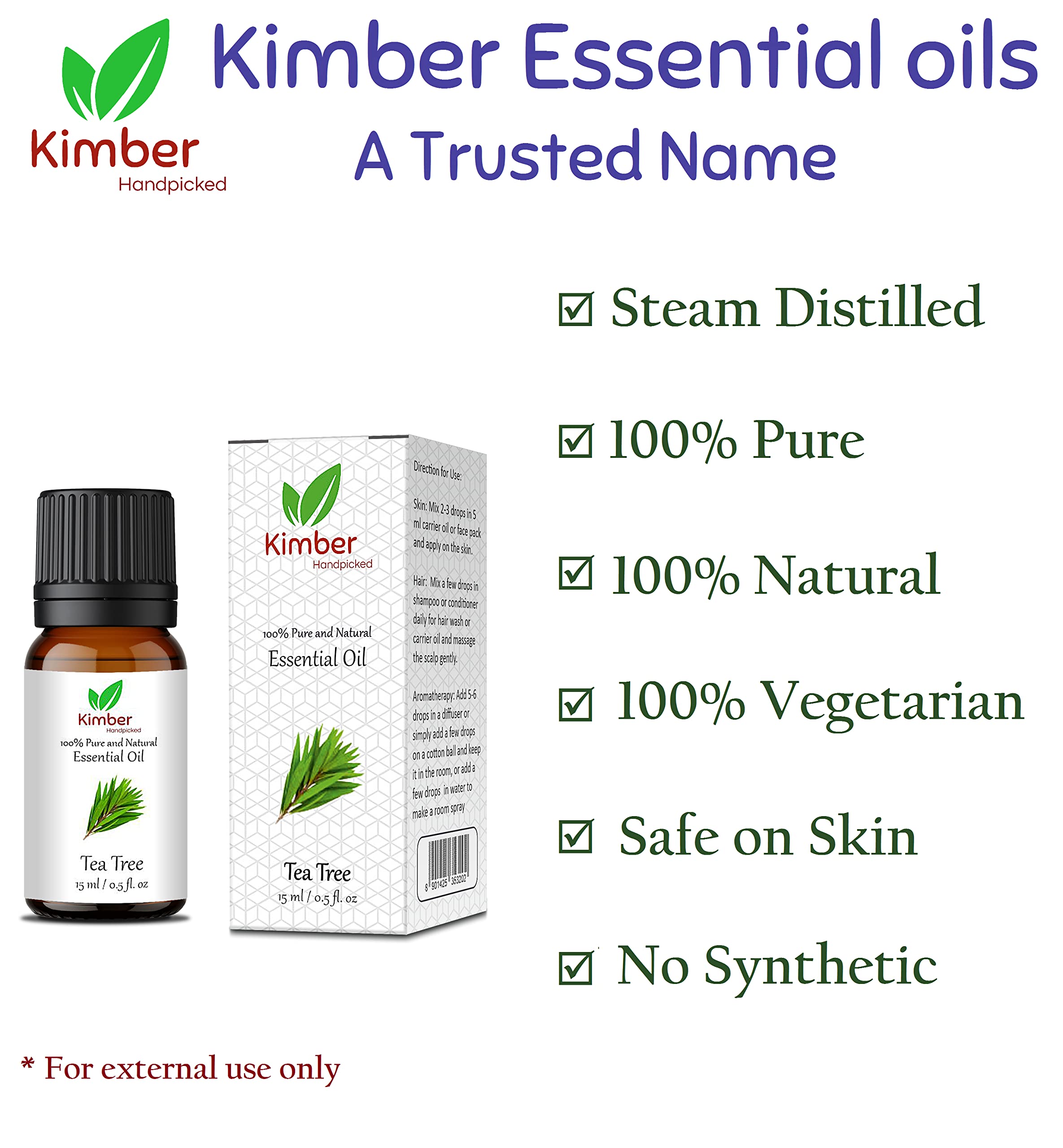 Kimber Tea Tree Essential Oil 100% Pure & Natural - Undiluted Therapeutic Grade for Skin, Hair, Face & Acne Care (15ml) - Perfect for Aromatherapy, DIY Beauty & Home Remedies