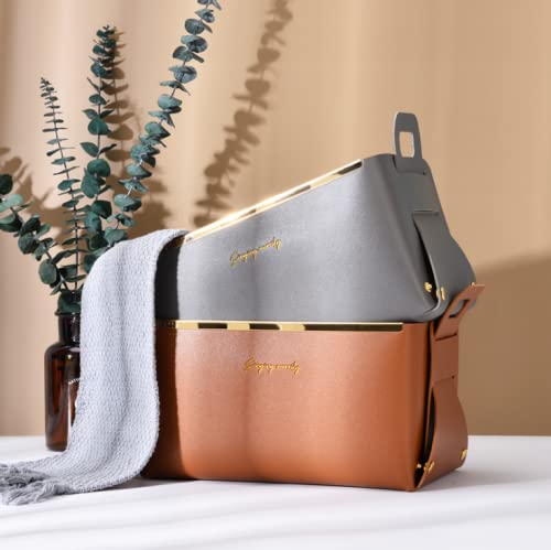 Premium Nordic Style Leather Storage Box - Foldable Desktop Organizer for Cosmetics, Skincare & Jewelry - Dark Gray with Handle - Perfect for Home, Office & Travel Use